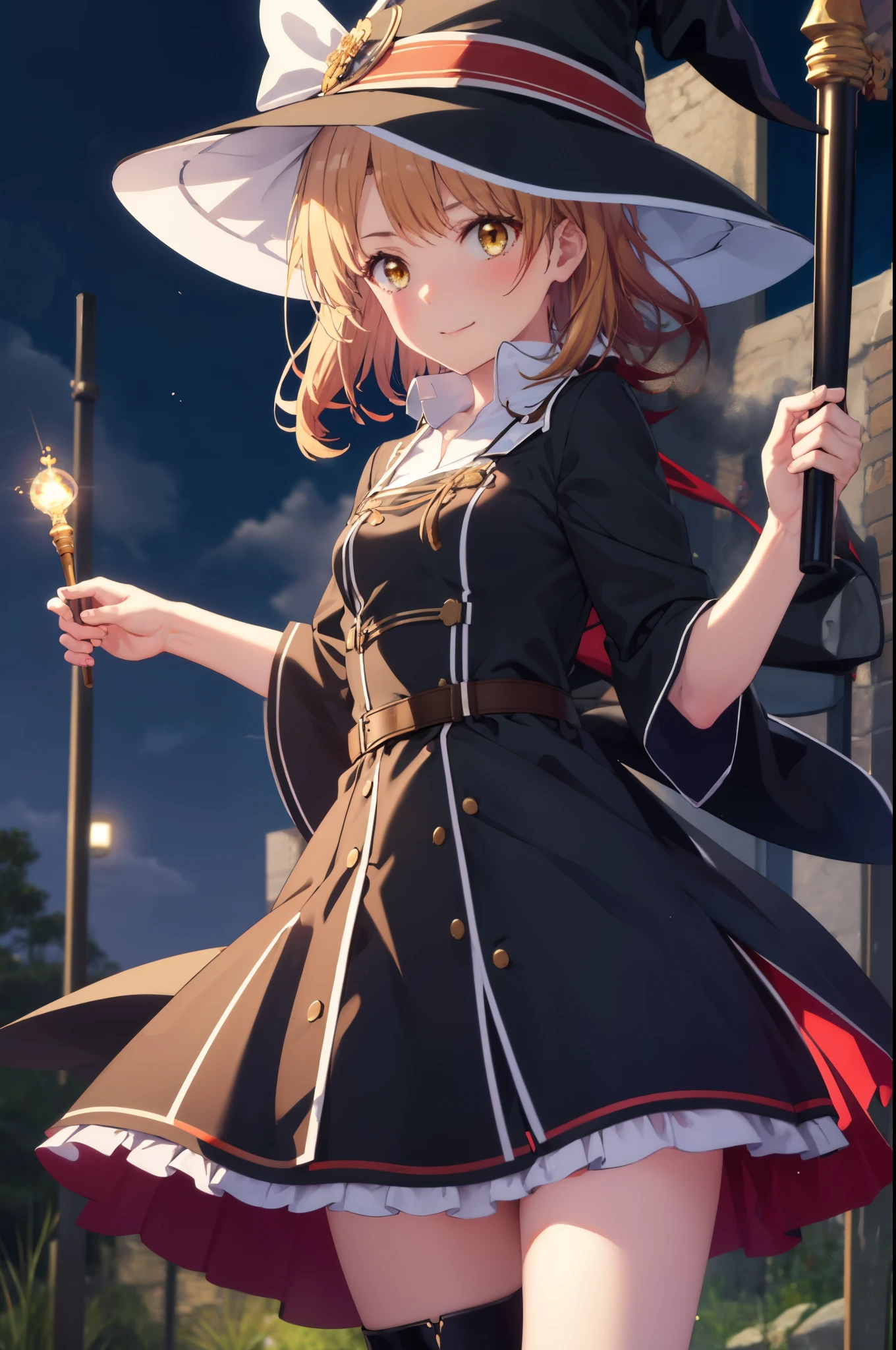 irohaisshiki, iroha isshiki, long hair, brown hair, (brown eyes:1.5), smile,witch hat,Witch Dress,long skirt,short boots,staff , holding staff, Magic with a long magic wand(thunder)is putting out,ability(thunder,)
"Witch's Covenant": 月明かりに照らされたforestに集まったWitch's Covenantを示す暗くて雰囲気のある画像, Surrounded by swirling mist、Cast spells under the watchful eye of the shining full moon,
break outdoors, forest,
break looking at viewer, (cowboy shot:1. 5)
break (masterpiece:1.2), highest quality, High resolution, unity 8k wallpaper, (figure:0.8), (detailed and beautiful eyes:1.6), highly detailed face, perfect lighting, Very detailed CG, (perfect hands, perfect anatomy),