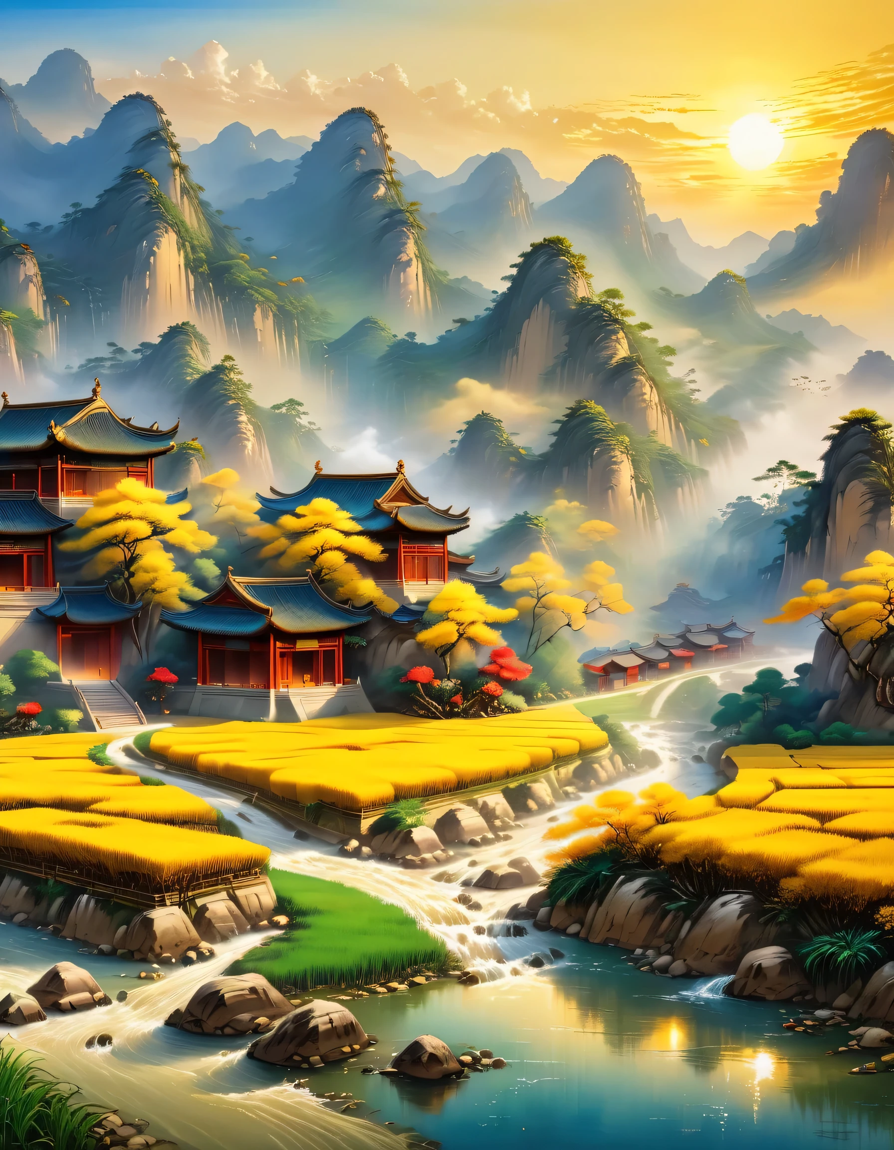 (best picture quality,8k,high resolution,masterpiece),super detailed,,Chinese landscape painting summer,Sunlight,nice ???,gold的稻田,gold,happiness,children'laughter,children在稻田里玩耍,Cicada chirping,Beautiful scenery,high dynamic range,ultra high definition,studio lighting,Ultra-fine,sharp focus,Physical rendering,extremely detailed description,main,bright colors,blurred background,gold日出,peaceful,peaceful,golden light,prime time,nature,nature之美, ,minimalist,extreme details,Unparalleled details,Special effect、Realism and exquisite details,胶片颗粒和鲁Special effect果增加了图像的感和怀旧感。