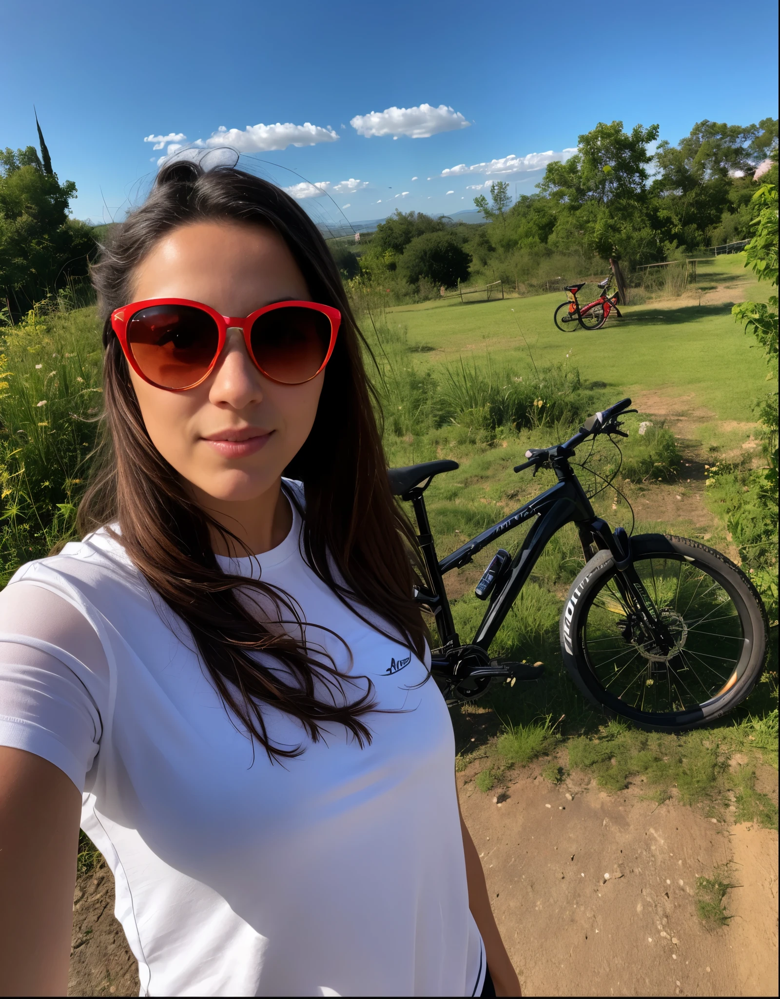 plump woman in sunglasses and white shirt next to a bicycle, Ciclismo!!, no sol, 🪔 🎨;🌞🌄, red sunglasses, red sunglasses and a guitar, 🚿🗝📝, tirada no iphone 14 pro, bicicleta em segundo plano, imagem de perfil, red hearts, com um parque ao fundo