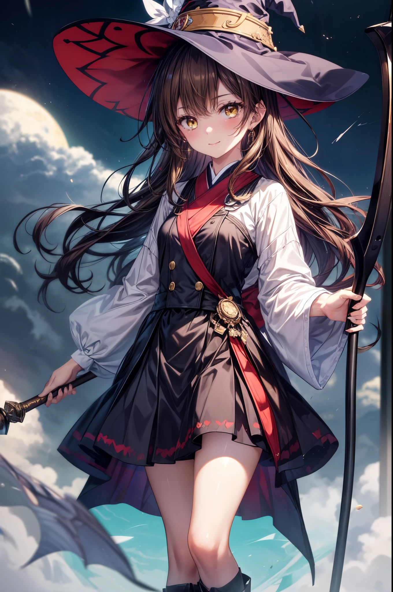 irohaisshiki, iroha isshiki, long hair, brown hair, (brown eyes:1.5), smile,witch hat,Witch Dress,long skirt,short boots,staff , holding staff, Magic with a long magic wand(thunder)is putting out,ability(thunder,)
"Witch's Covenant": 月明かりに照らされたforestに集まったWitch's Covenantを示す暗くて雰囲気のある画像, Surrounded by swirling mist、Cast spells under the watchful eye of the shining full moon,
break outdoors, forest,
break looking at viewer, (cowboy shot:1. 5)
break (masterpiece:1.2), highest quality, High resolution, unity 8k wallpaper, (figure:0.8), (detailed and beautiful eyes:1.6), highly detailed face, perfect lighting, Very detailed CG, (perfect hands, perfect anatomy),