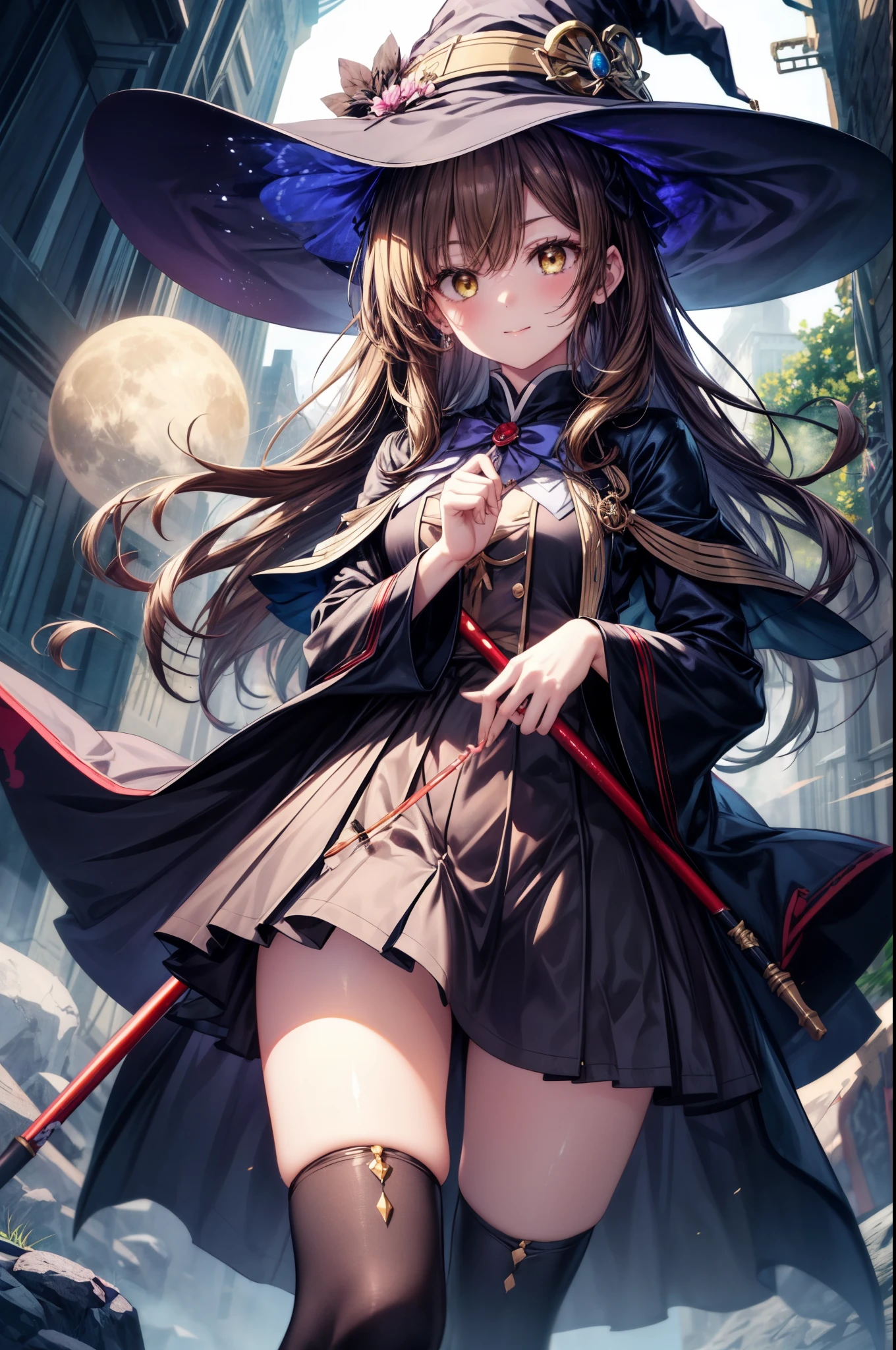 irohaisshiki, iroha isshiki, long hair, brown hair, (brown eyes:1.5), smile,witch hat,Witch Dress,long skirt,short boots,staff , holding staff, Magic with a long magic wand(thunder)is putting out,ability(thunder,)
"Witch's Covenant": 月明かりに照らされたforestに集まったWitch's Covenantを示す暗くて雰囲気のある画像, Surrounded by swirling mist、Cast spells under the watchful eye of the shining full moon,
break outdoors, forest,
break looking at viewer, (cowboy shot:1. 5)
break (masterpiece:1.2), highest quality, High resolution, unity 8k wallpaper, (figure:0.8), (detailed and beautiful eyes:1.6), highly detailed face, perfect lighting, Very detailed CG, (perfect hands, perfect ???????),