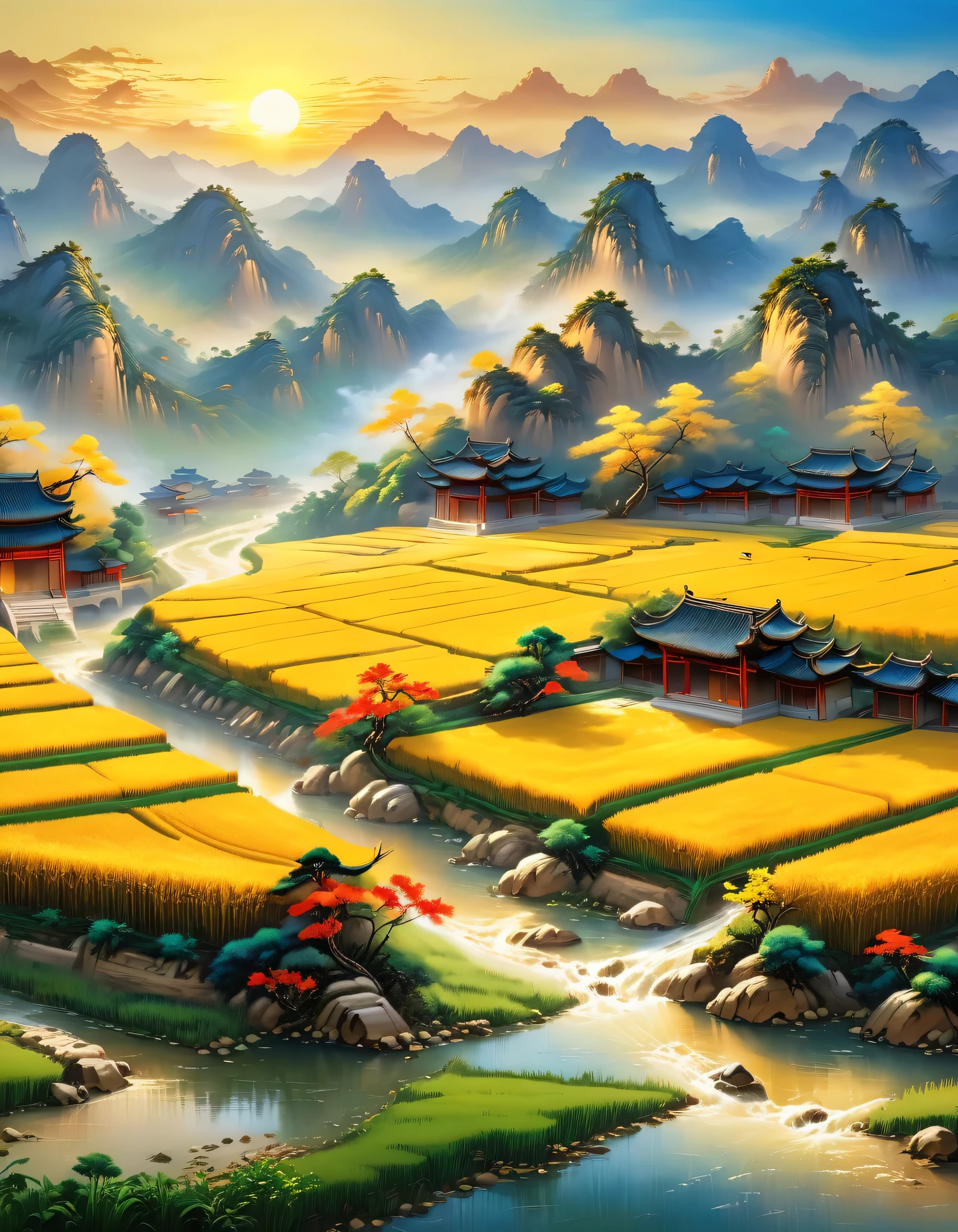 (best picture quality,8k,high resolution,masterpiece),super detailed,,Chinese landscape painting summer,Sunlight,nice ???,gold的稻田,gold,happiness,children'laughter,children在稻田里玩耍,Cicada chirping,Beautiful scenery,high dynamic range,ultra high definition,studio lighting,Ultra-fine,sharp focus,Physical rendering,extremely detailed description,main,bright colors,blurred background,gold日出,peaceful,peaceful,golden light,prime time,nature,nature之美, ,minimalist,extreme details,Unparalleled details,Special effect、Realism and exquisite details,胶片颗粒和鲁Special effect果增加了图像的感和怀旧感。
