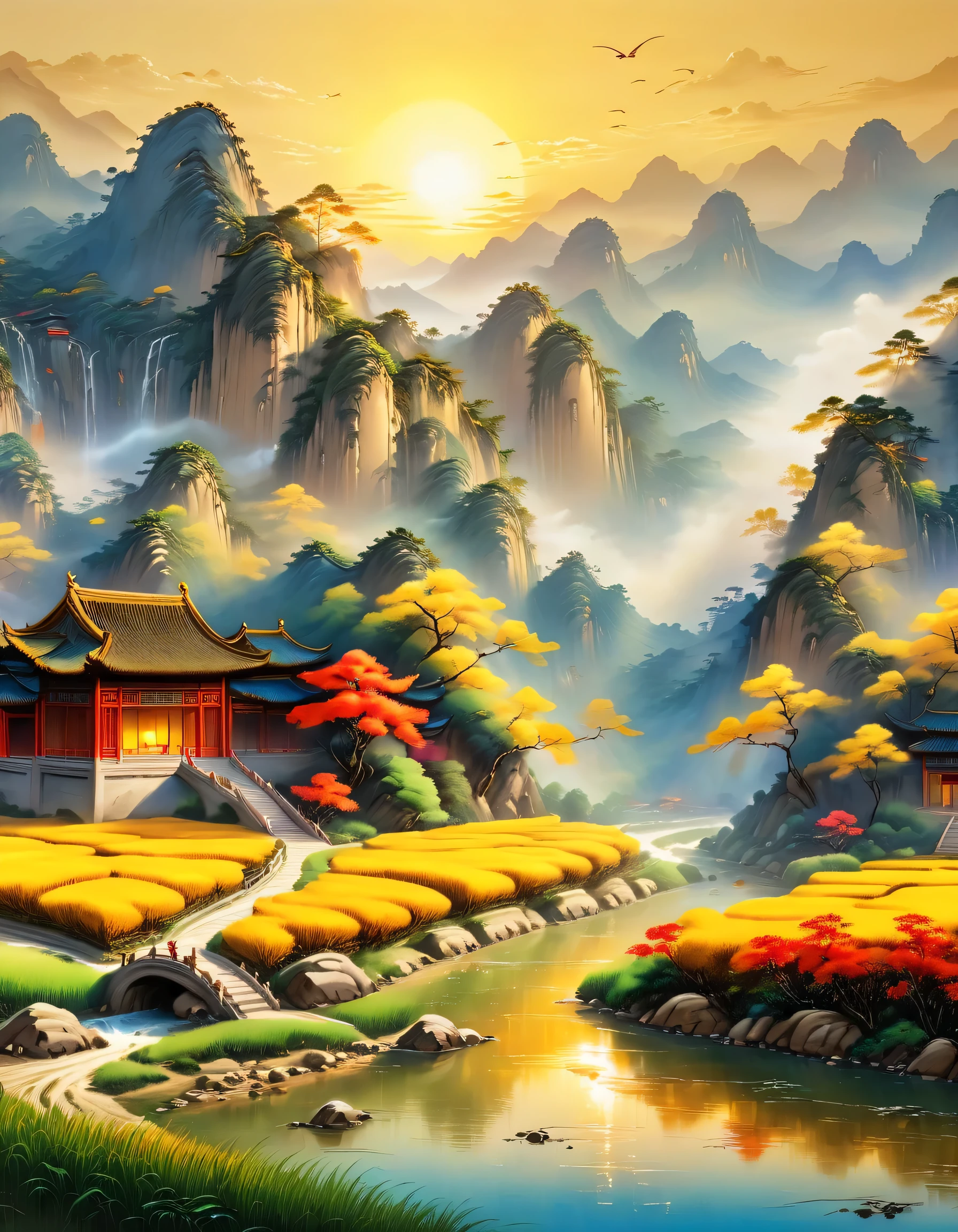 (best picture quality,8k,high resolution,masterpiece),super detailed,,Chinese landscape painting summer,Sunlight,nice kid,gold的稻田,gold,happiness,children'laughter,children在稻田里玩耍,Cicada chirping,Beautiful scenery,high dynamic range,ultra high definition,studio lighting,Ultra-fine,sharp focus,Physical rendering,extremely detailed description,main,bright colors,blurred background,gold日出,peaceful,peaceful,golden light,prime time,nature,nature之美, ,minimalist,extreme details,Unparalleled details,Special effect、Realism and exquisite details,胶片颗粒和鲁Special effect果增加了图像的感和怀旧感。