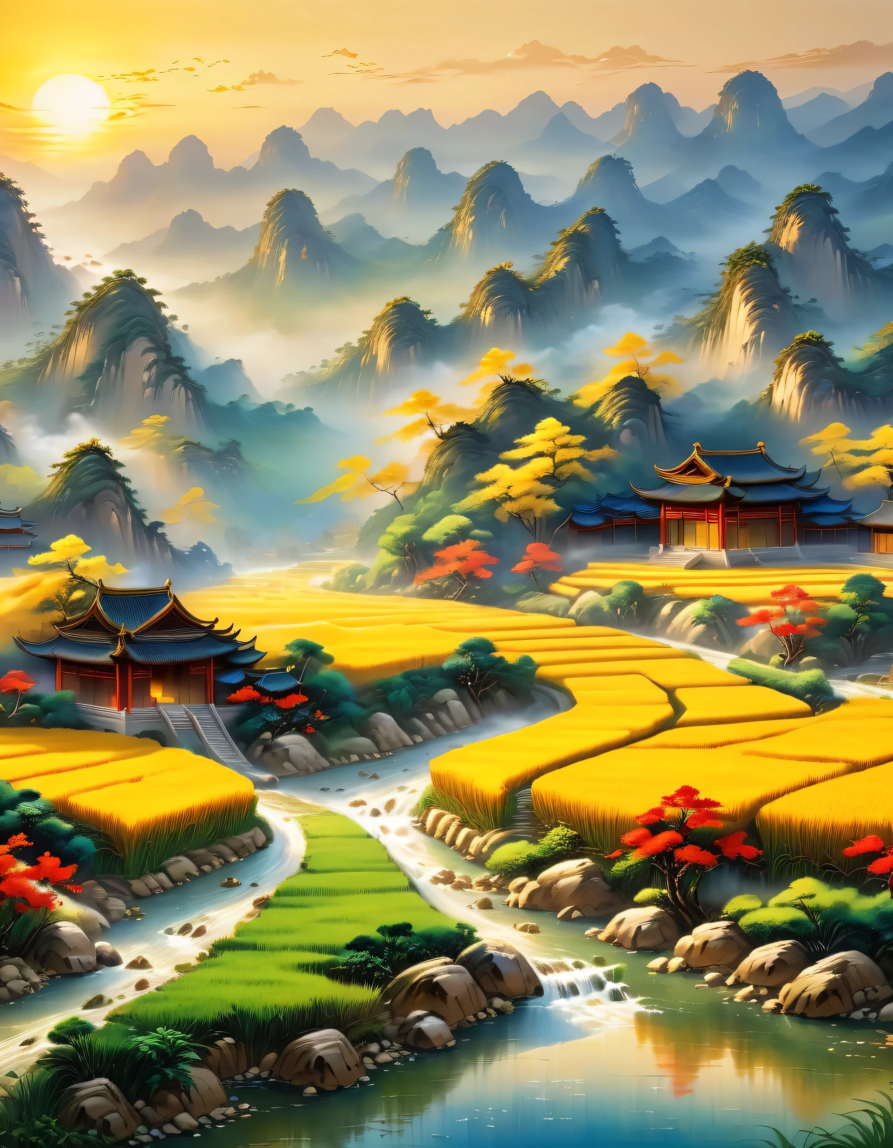 (best picture quality，8k，high resolution，masterpiece)，super detailed，，Chinese landscape painting summer，Sunlight，nice kid，gold的稻田，gold，happiness，children&#39;laughter，children在稻田里玩耍,Cicada chirping,Beautiful scenery,high dynamic range,ultra high definition,studio lighting,Ultra-fine,sharp focus,Physical rendering,extremely detailed description,main,bright colors,blurred background,gold日出,peaceful,peaceful,golden light,prime time,nature,nature之美, ，minimalist，extreme details，Unparalleled details，Special effect、Realism and exquisite details，胶片颗粒和鲁Special effect果增加了图像的感和怀旧感。