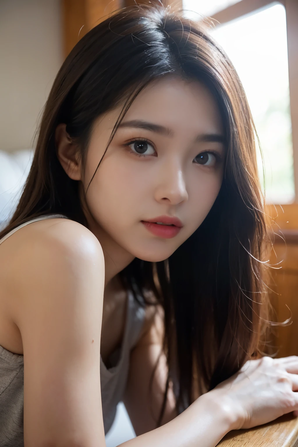 ((Show only the face、close up of face))、(tanktop wear、lie down on the chair、indoor、(bright room)、cute japanese woman、17 years old、high school girl、young girl、warm, beautiful detailed eyes double eyelid, extremely beautiful big-black-solid-eyes, radiant eyes, down-turned eyes, detailed eyelashes, translucent skin, extremely detailed nose, detailed thin lips