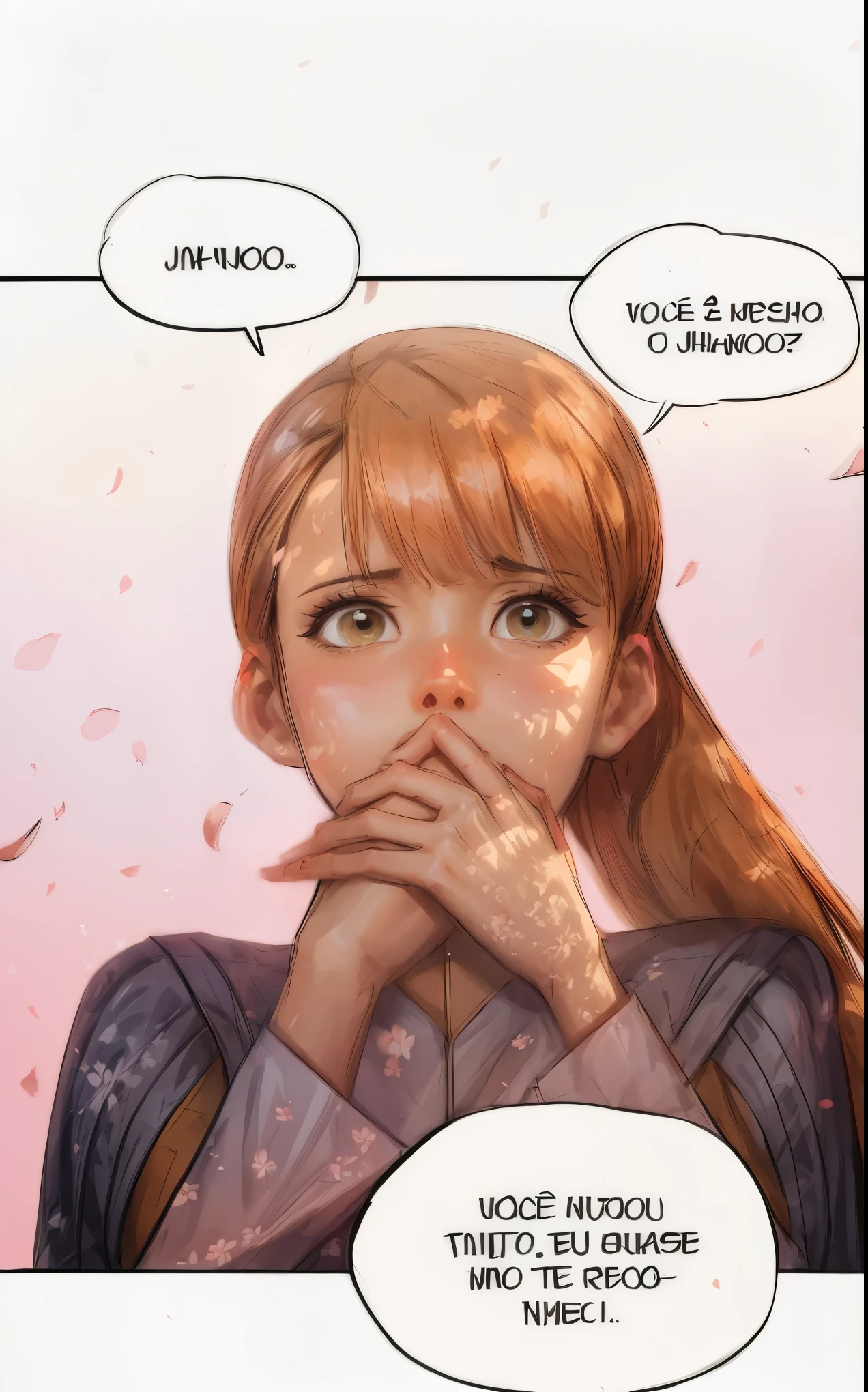 ((Samdoesart)), rosto detalhado, pintura extremamente detalhada, pixar, maximum quality, uma linda garota, cabelos ruivos, mulher linda, emotiva, olhos lacrimejando, (apaixonada), ((Cherry blossom petals in the background)), ((tree shade)), sombra de flor de cerejeira, ((pintura extremamente detalhada)), great quality, looking at the camera, (olhos azuis), ((with hands over mouth)), (lagrimas nos olhos), emocionada