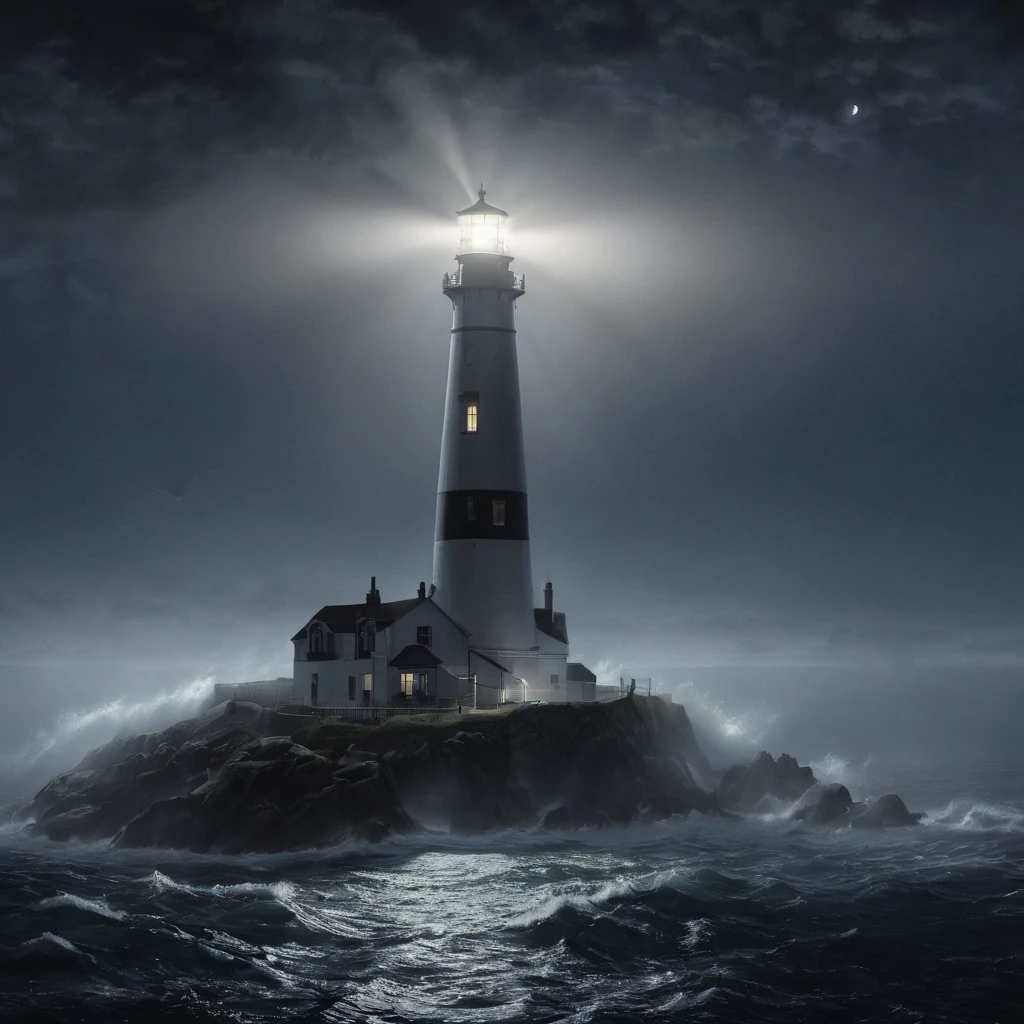 High Resolution, High Quality, Masterpiece. Hyperrealism. The winner is 35awards. "Fog-enveloped seascape at night, lighthouse emitting a solitary beam piercing the thick fog, ray of light as central focus, hyperrealistic depiction, acclaimed by 35awards, with 32k resolution, dramatic lighting, ultra fine detail, intricate complexity