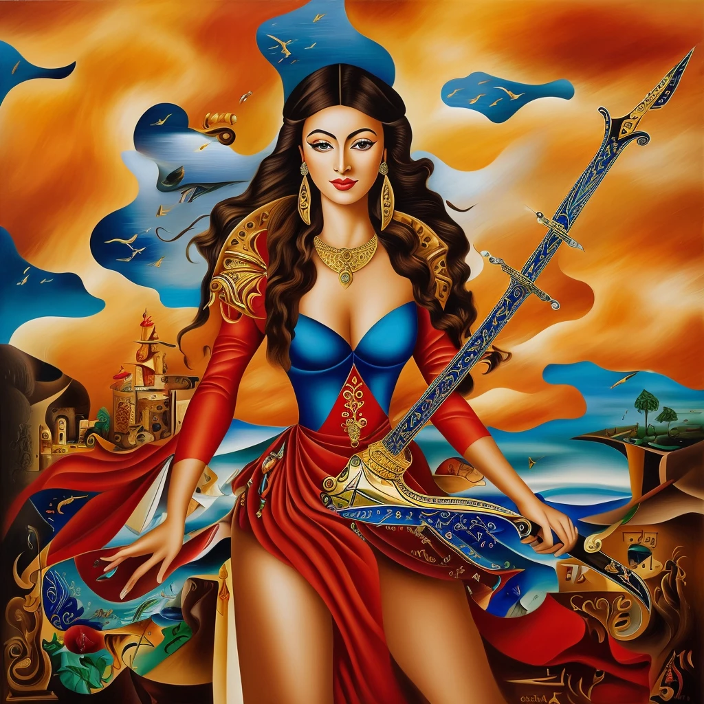 ultra-detailed, high ((best quality)), ((art)), majestic and intricately detailed smooth oil painting (Iansã Orisha, Nigerian, seios a mostra, richly decorated red costume, guerreira, corpo sado,Goddess of winds and lightning, sword in one hand, whip in another, rain clouds in the sky, sky with lightning, wind, exquisite and elegant, cubism style, Salvador Dali style -ar 9:16 - v6