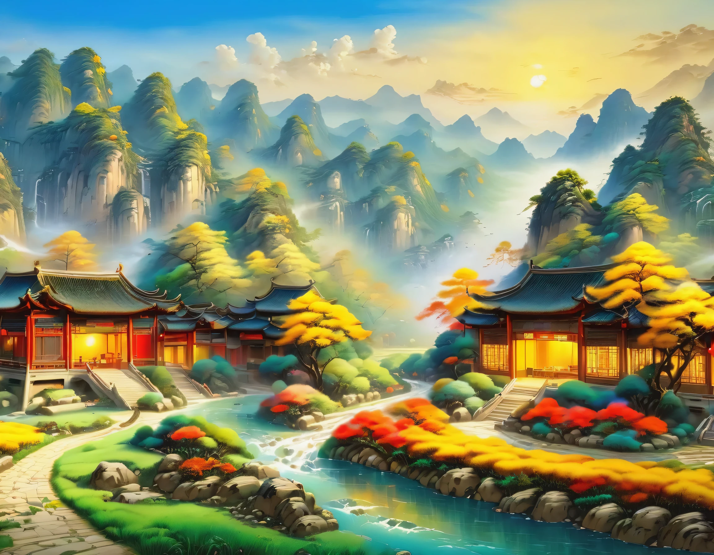 (best picture quality,8k,high resolution,masterpiece),super detailed,Chinese landscape painting,(landscape artistic conception),(Zen aesthetics),Zen composition,summer,Sunlight,nice ???,gold的稻田,gold,happiness,children'laughter,children在稻田里玩耍,Cicada chirping,Beautiful scenery,extremely detailed description,main,bright colors,gold日出,peaceful,golden light,prime time,nature,nature之美,minimalist,extreme details,Unparalleled details,Special effect、Realism and exquisite details,胶片颗粒和鲁Special effect果增加了图像的感和怀旧感