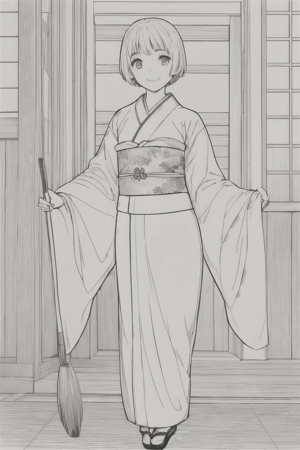 masterpiece,1 girl,alone,short hair,wearing a kimono,holding a big brush, light smile,Are standing, From before, line drawing, monochrome,