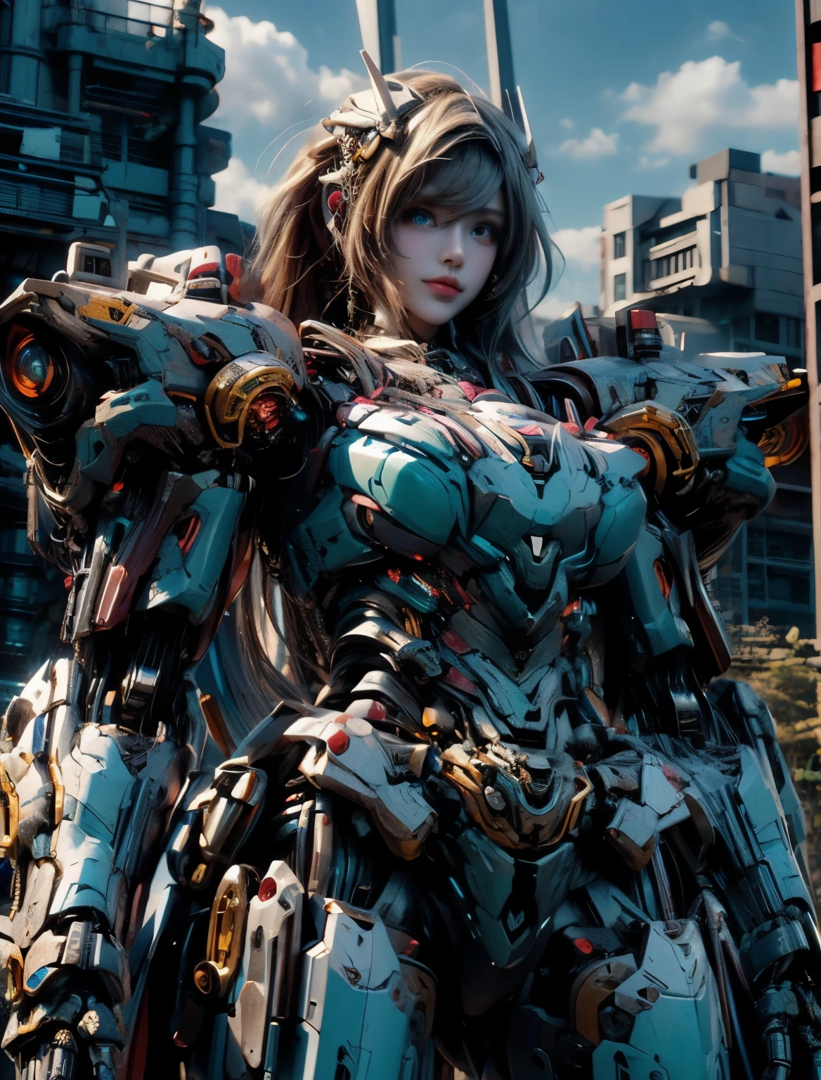 masterpiece，（best quality）Giant Cyberpunk Female Mechanical Titan，Breasts assembled from giant carbon fiber mechanical structural modules，Mega Evolution Future Technology Titan，Ruined dungeon ruins on apocalyptic cloudy day and night，jewel-encrusted mechanical breasts，Metallic skin