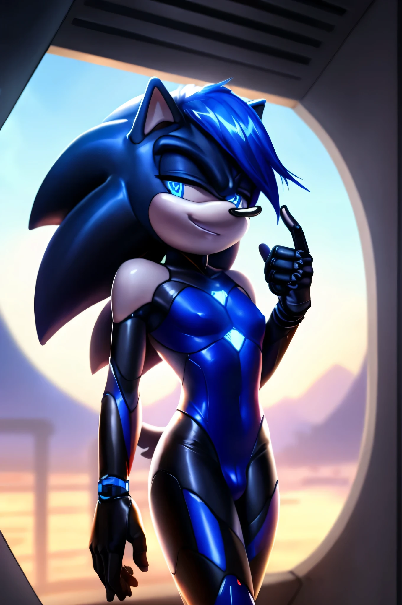 ((male)) twink, anthro android ((hedgehog)), with glowing blue eyes, white muzzle, wearing a sci-fi bodysuit stands in a futuristic landscape. The android's bodysuit is adorned with ((blue, black and white coloring))), penis, and intricate android seams, creating a futuristic look. the android has a seductive smirk on his face