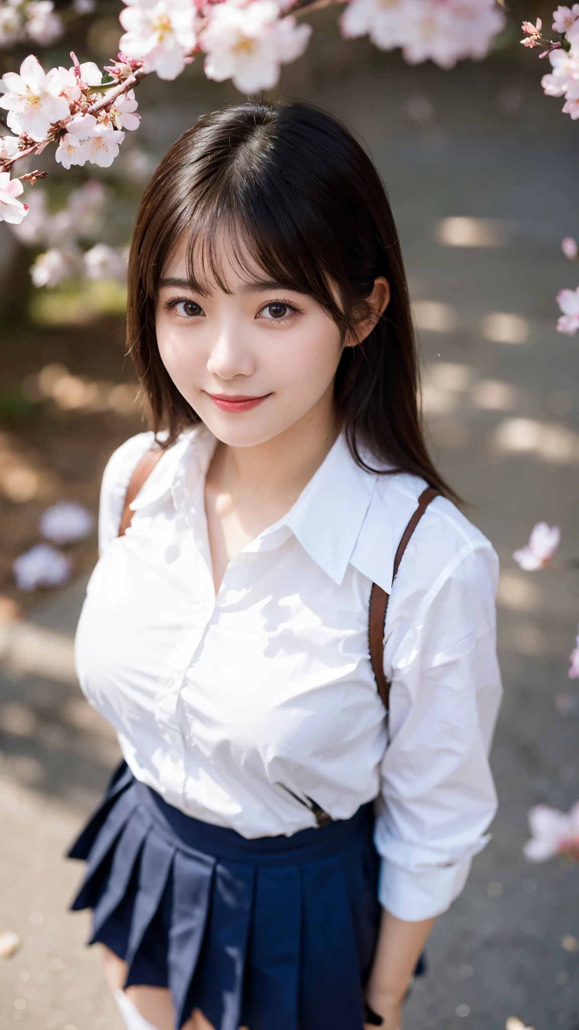 (highest quality,masterpiece:1.3,ultra high resolution),(Super detailed,caustics,8k),(photorealistic:1.4,RAW shooting),1 girl,(smile),(cherry blossomsを見上げる),18-year-old,cute,Japanese,black hair short cut,(school uniform),glamorous,(big ),(breast focus),street,cherry blossoms,Natural light,(Lens flare),professional writing,(cowboy shot),(bird's eye view:1.2),(high position:1.4),(high angle:1.4)