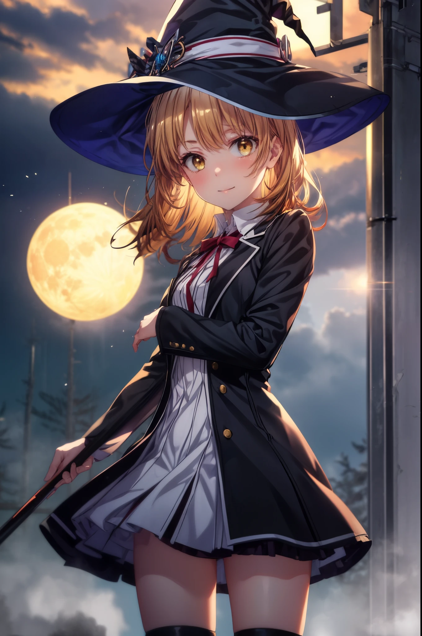 irohaisshiki, iroha isshiki, long hair, brown hair, (brown eyes:1.5), smile,witch hat,Witch Dress,long skirt,short boots,staff , holding staff, Magic with a long magic wand(thunder)is putting out,ability(thunder,)
"Witch's Covenant": 月明かりに照らされたforestに集まったWitch's Covenantを示す暗くて雰囲気のある画像, Surrounded by swirling mist、Cast spells under the watchful eye of the shining full moon,
break outdoors, forest,
break looking at viewer, (cowboy shot:1. 5)
break (masterpiece:1.2), highest quality, High resolution, unity 8k wallpaper, (figure:0.8), (detailed and beautiful eyes:1.6), highly detailed face, perfect lighting, Very detailed CG, (perfect hands, perfect anatomy),