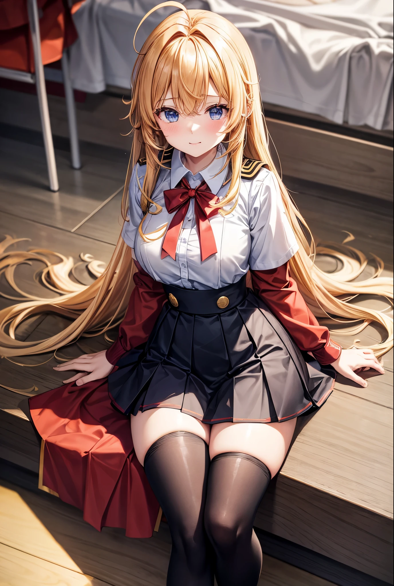 nswf,Arisburg, Alice Zusberg, bangs, blue eyes, Blonde, Hair between the eyes, Very long hair, Braiding, hair band, 白いhair band,((Blazer and plaid chool uniform)) Cute girl with undisputed body、[3D Images:1.25],[[Attractive eyes,Detailed eyes、Colorful eyes、Shining Eyes:1.25]]、armor, highest quality, High resolution, Unity 8K Wallpaper, (figure:0.8), (Beautiful fine details:1.16), Highly detailed face、Dress appropriately, Beautiful fingers、 Elegant,Ultra-precision、[[3D Images]]、[[High quality anime girl with brown hair and brown eyes]]、(((頭からつま先までの構figure)))、(Black knee-high socks)、(loafers)、((skirt lift:1.3))、(((White panties are visible)))、((open legs:1.5))、(((Raise both knees:1.4)))、((((Squatting pose))))、blush、(((Sitting)))、((((Normal position):1.5)))、((Detailed depiction of the crotch))