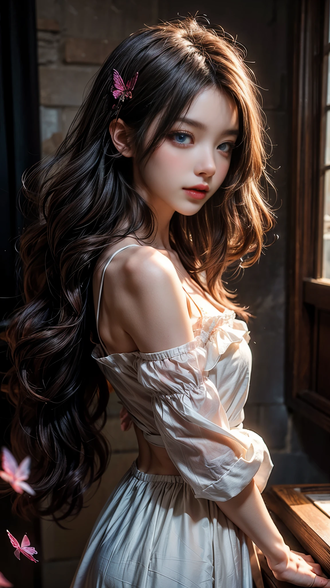 Top quality, masterpiece, (realistic: 1.2), one girl, brown hair, brown eyes, front, detailed face, beautiful eyes, chest, black long dress