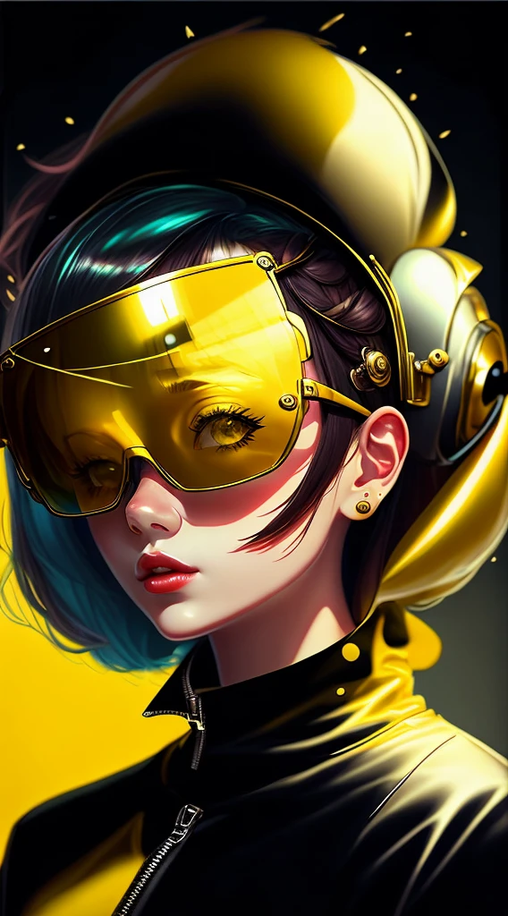 Illustration of a girl wearing yellow sunglasses,She has hair on her face and ears, in the style of film noir aesthetic, animeaesthetic, I can't believe how beautiful this is, dark silver and yellow, monochromatic minimalist portraits, pop art sensibilities, Animated GIFs