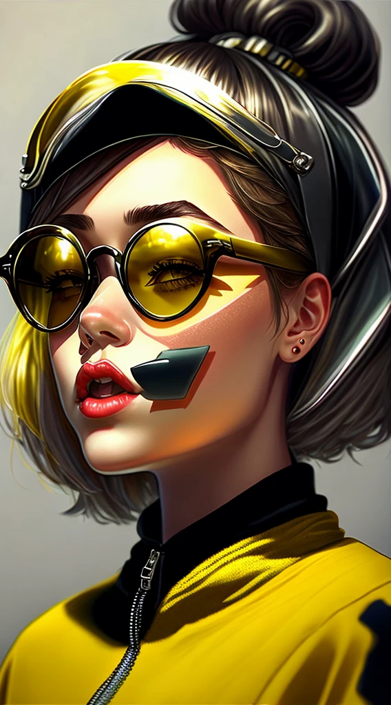 Illustration of a girl wearing yellow sunglasses,She has hair on her face and ears, in the style of film noir aesthetic, animeaesthetic, I can't believe how beautiful this is, dark silver and yellow, monochromatic minimalist portraits, pop art sensibilities, Animated GIFs