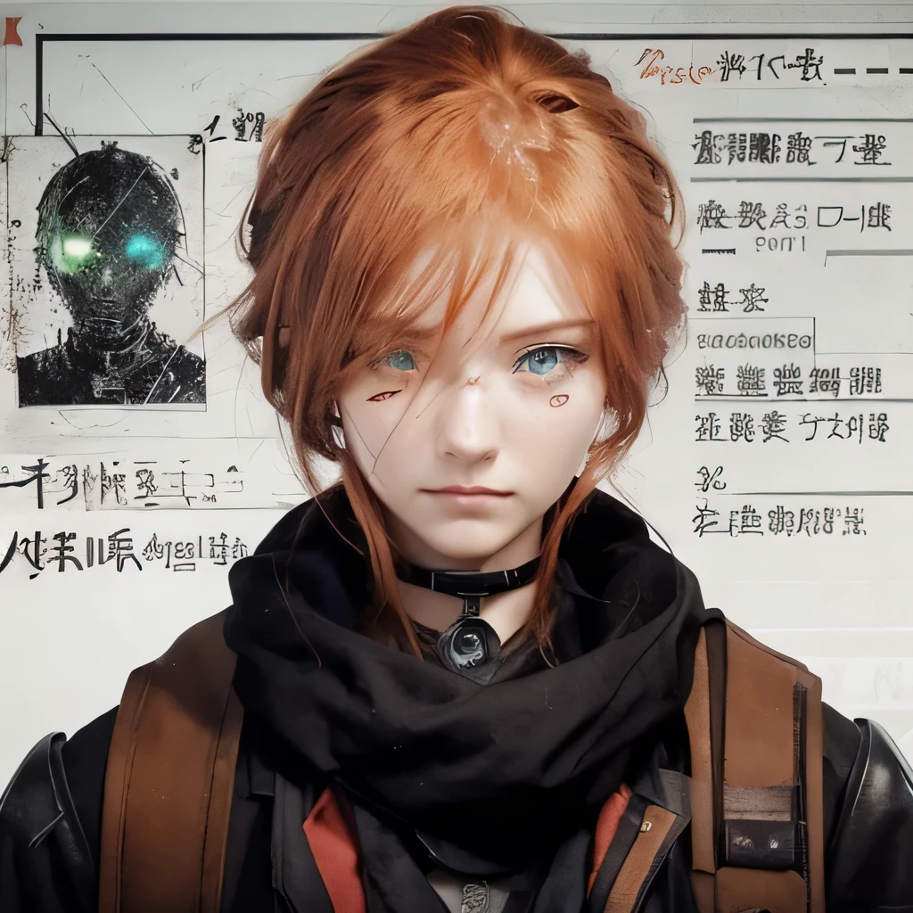 create an open identity passport in a dystopian apocalyptic era of a beautiful red haired anime style 22 years old girl wearing black and brown dystopian survivor clothes, American, she has green eyes.