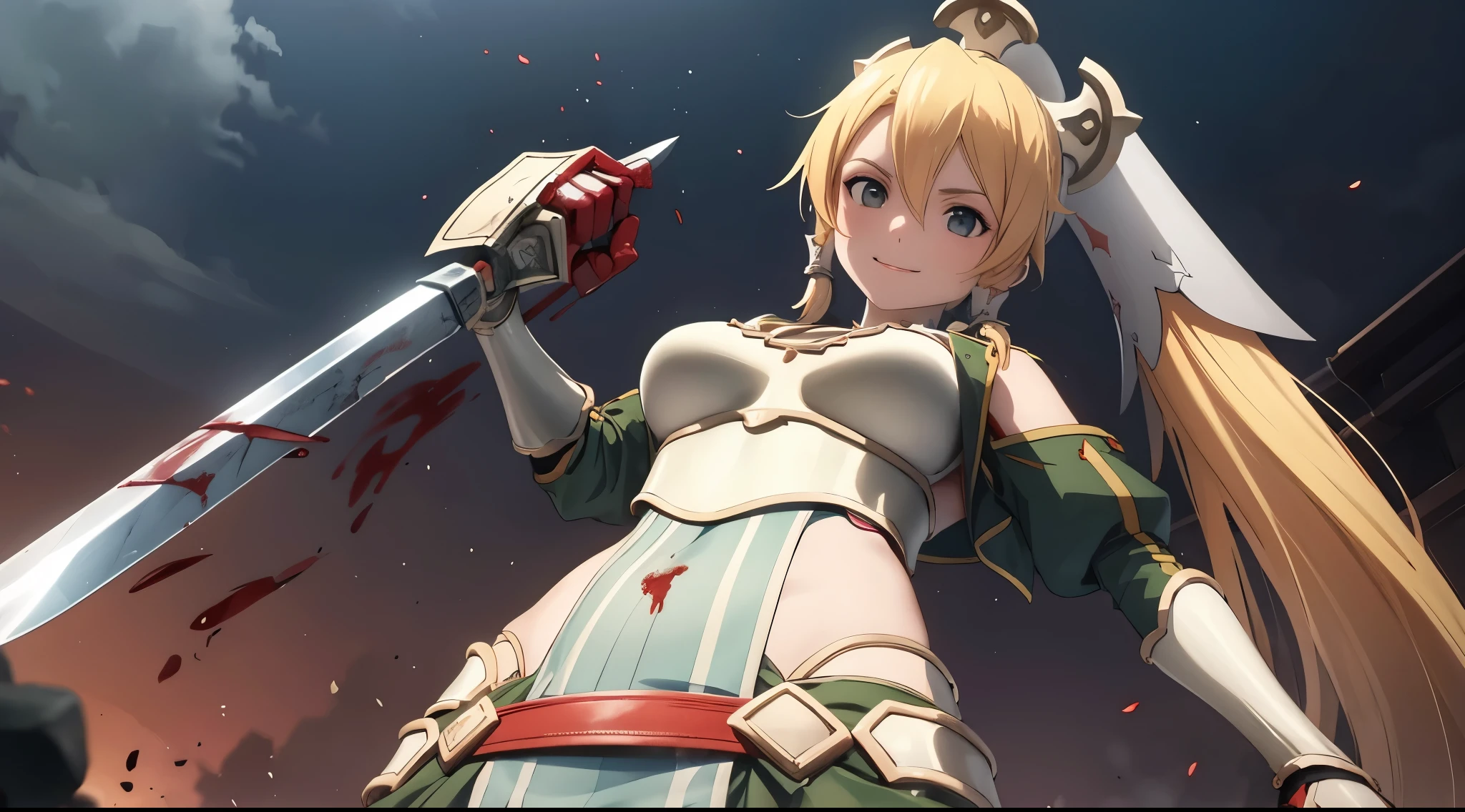 girl, massacre, belly button, big breasts, Queen, massacre, Blood on the body, Blood on the armor, Blood on the belly button, Blood on the stomach, Blood on the breasts, provocation, expensive, long sword, slashing sword, Blood scattering, expensive, Blood, gun, knife, sword, war, underwear, kill, Cut off the head, shot from below, sensual, Blood on the breasts, smile, miscellaneous soldiers, holding a severed head of man, shot from below