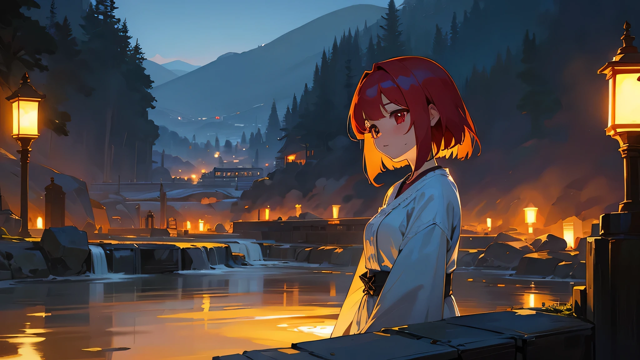 pretty girl、redhead、bob、red eyes、High resolution、4k、8k、hot spring town、spectacular scenery、anatomically correct、sorrow、night、lamp