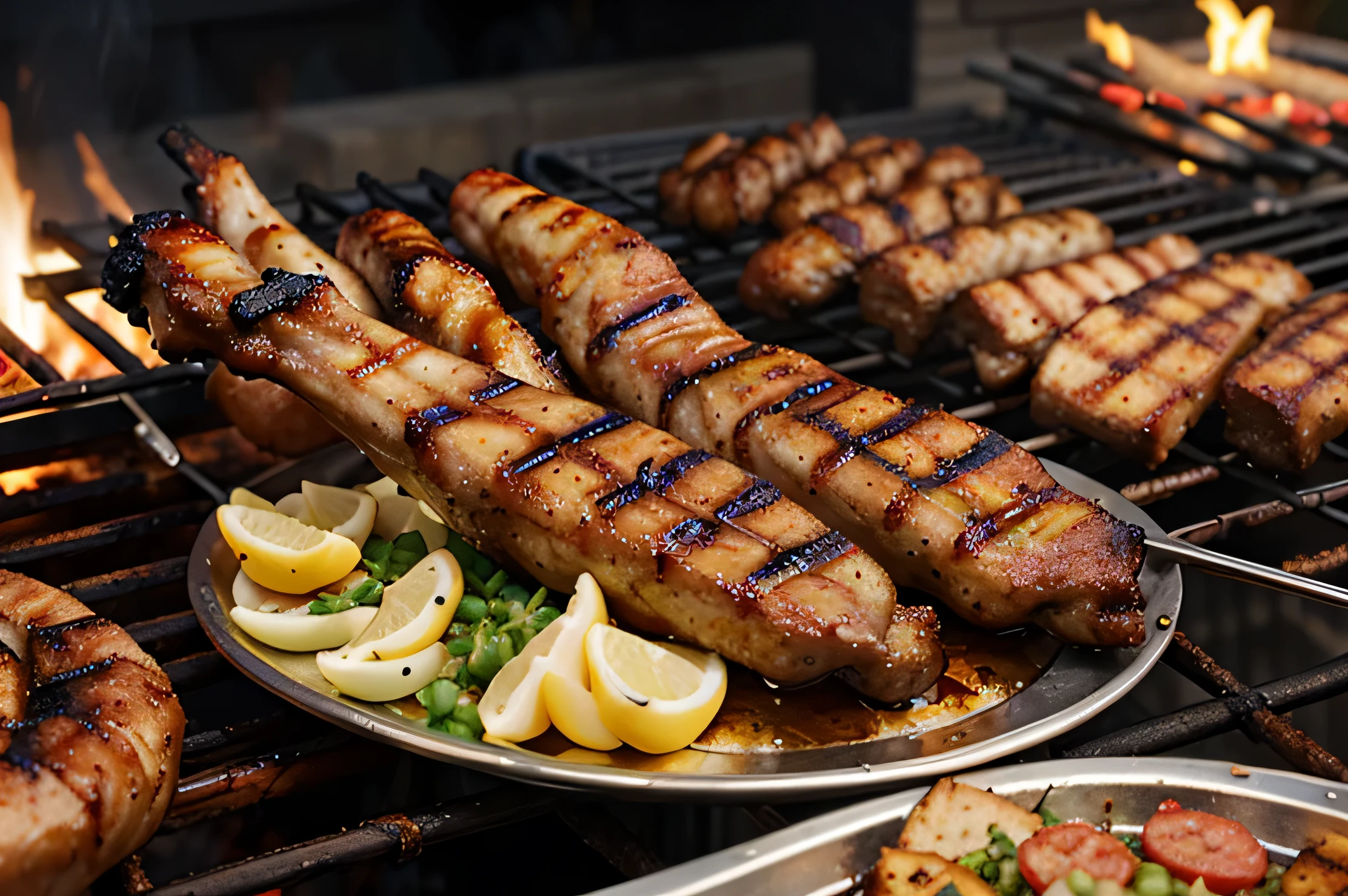 
imagem de churrasco na grelha, Realista, 3d shaped icon, high resolution, com carne assada, salsicha e asas de frango, Realista, 3d