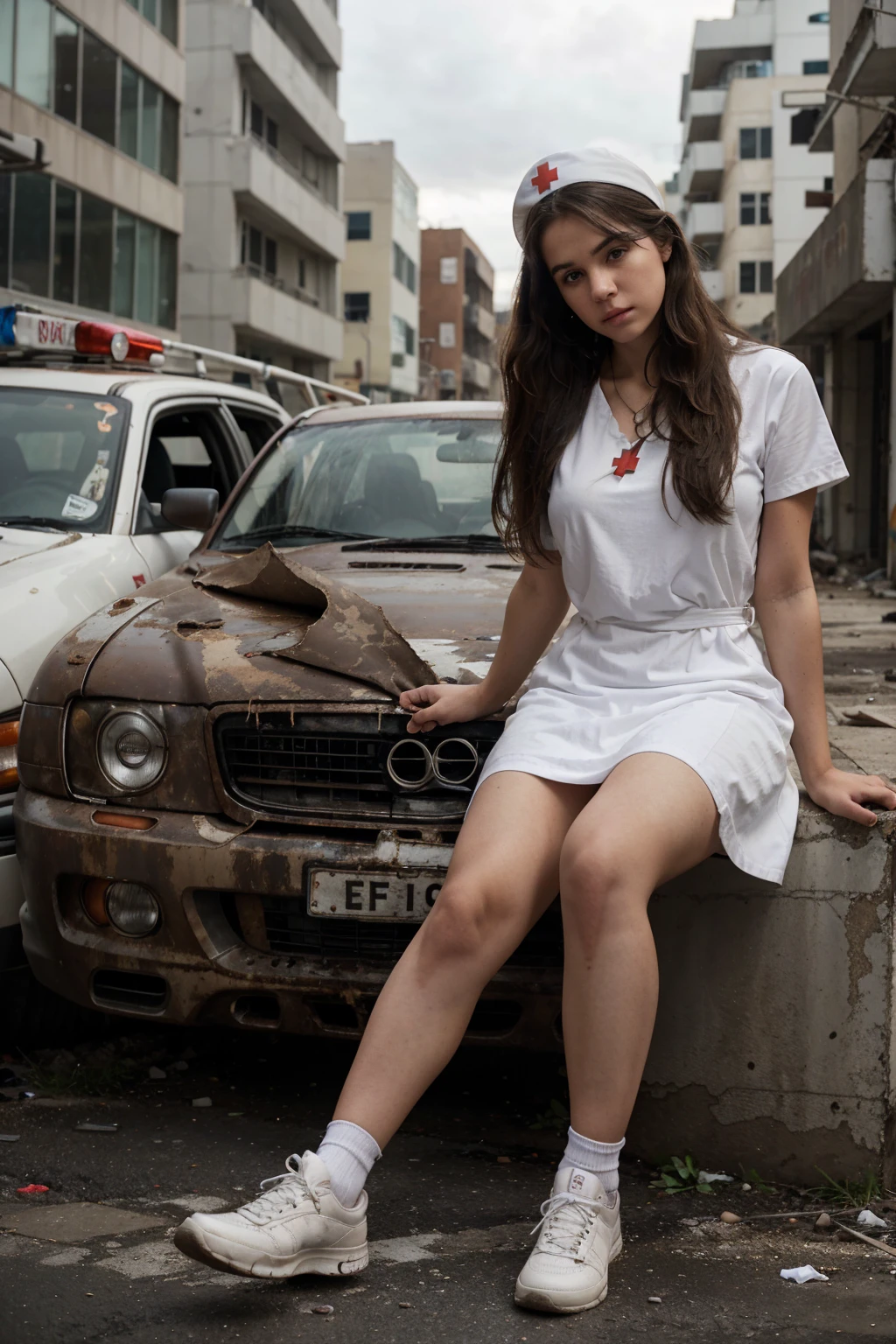 An 18-year-old girl, big tits, very thin and athletic, wearing a nurse's outfit. The outfit consists of a white dress with a red cross on the front, a white cap, and white shoes. She is also wearing a stethoscope around her neck. The scene is set on a deserted city street, with broken-down buildings and abandoned cars. The camera follows her as she sits on the curb, her head in her hands. The image is rendered in ultra-realistic detail, with every wrinkle in her clothes and every strand of her hair visible. The lighting is bleak and hopeless, with a cold, gray sky.