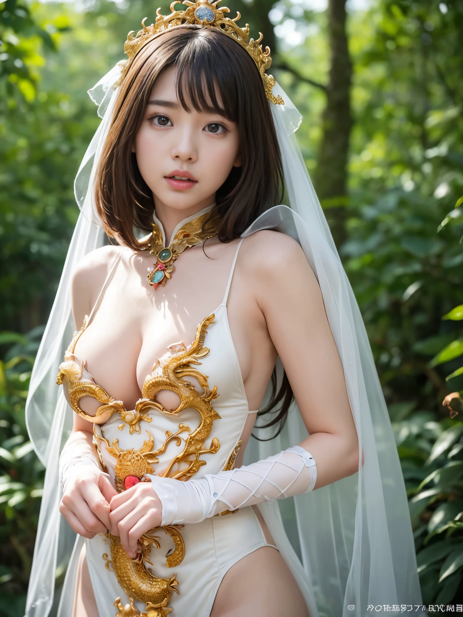 (((super weight milk)))、(A fierce battle with the dragon)、highest quality、masterpiece、ultra high resolution、(白Dragon Armor)、Dragon Armor、(wears a beautiful crown made of precious stones)、(Photoreal:1.4)、Raw photo、1 girl、golden hair、glowing skin、(((chinese dragon)))、(Expression like a gorgeous jewelry necklace)、(Fight against big dragons)、with a beautiful knife、(white metal bodysuit)、(beautiful forest background)、sheer cliff、(Small LED)、((Super realistic details))、Portrait、global illumination、shadow、octane rendering、8K、super vivid、big breasts、Raw skin exposed in cleavage、Metal、intricate ornamental details、japanese details、yellow eyes、shining eyes、facing the camera、neon detail mechanical limbs)、(Blood vessels connected to the ductechanical vertebrae attached to the back、mechanical cervical vertebrae)Worn on the neck、(Wires or cables connected to the head)、Mechanical thigh、two stock、(Hands are also machine made)、(veil)、
