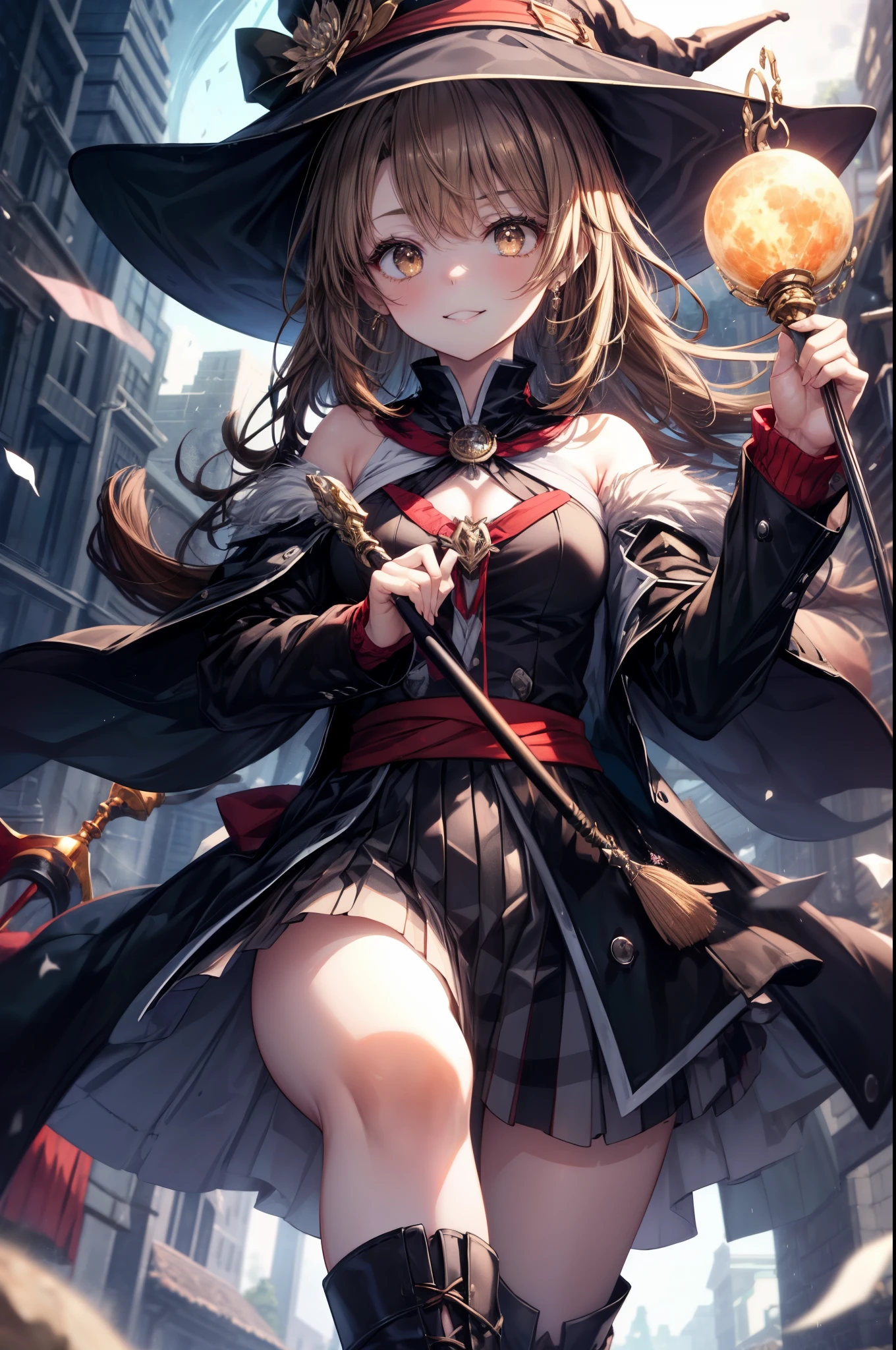 (highest quality), (masterpiece), ((beautiful:0.75) pretty girl:0.75), [Clear and clean] Pixiv (figure), (Hu Tao/(Genshin Impact/)), Red eyes, Flower-like pupils, Have, Long brown hair, bangs, Twin tails, Chinese clothing, Black shorts, Wide sleeves, Grin, Light blue dress, Anime girl with long hair and hat holding a cat, Megumin, Frivolous anime witch casting a spell, Megumin from konosuba, half invoker half Megumin, Anime girl crouching, Anime Moe Art Style,  Thighs!!!!!!, , zerochan art, witch girl
