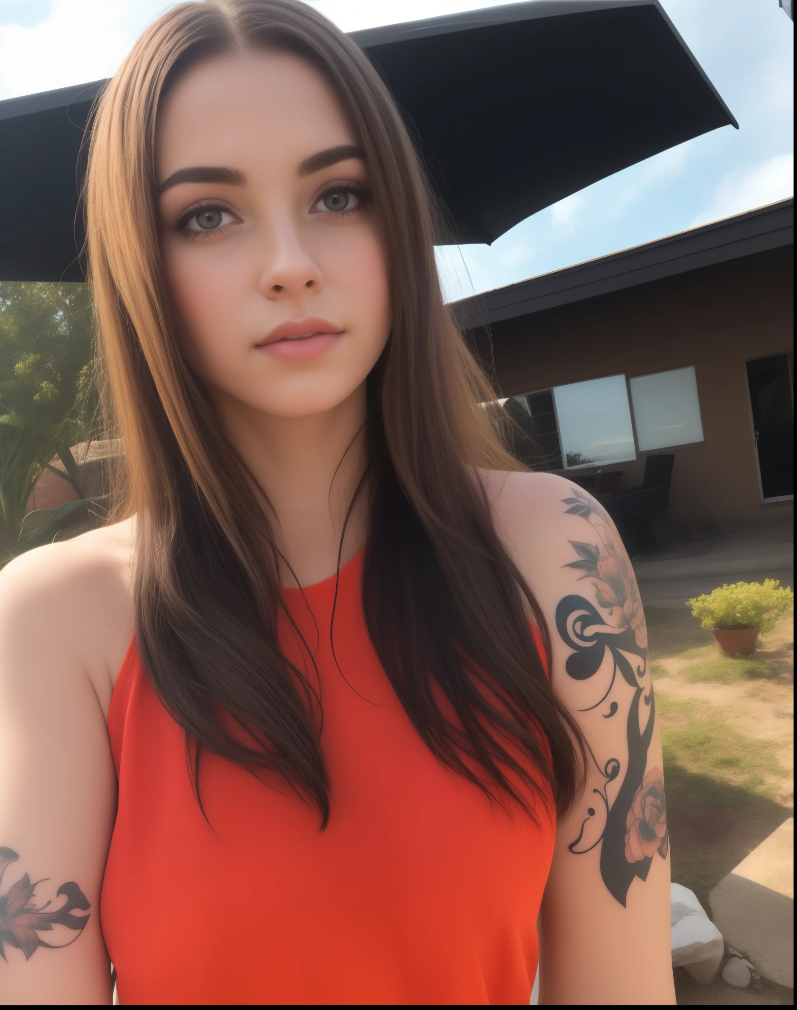 there is a woman with a tattoo on her arm posing for a photo, tatuado, imagem de perfil, com tatuagens, olhar sexy, 2 modelo feminino de 4 anos, looking to the side of the camera, jovem infp, jovem na casa dos 20 anos, vestindo blusa vermelha, tattoo sleeve on right arm, vestindo uma regata decotada, Charli Bowater