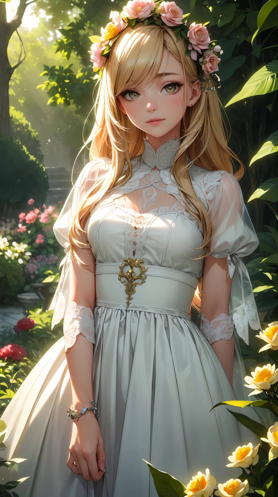 (8k, surreal,最high quality, high quality, High resolution, high quality texture, masterpiece:1.2, Detailed CG,detailed texture, unreal engine), (small face, realistic expression), (high detail skin:1.2), one woman, With bright colors and mesmerizing effects、((A girl experiencing Tyndall patterns that blend seamlessly with her surroundings, elegant dress)), ((Tyndall Effect:1.5, Sunlight through the trees)), beautiful detailed eyes, fascinating dense lips, delicate features, surreal and dream-like atmosphere, digital rendering technology, (((A garden full of blooming flowers, harmonious tranquil background, intricate details))), Unique and captivating composition, bright and vivid hues, a sense of joy and surprise, cinematic lighting, Soft and delicate lighting, gentle shine, Highlights complex Tyndall patterns, The overall atmosphere of the scene,