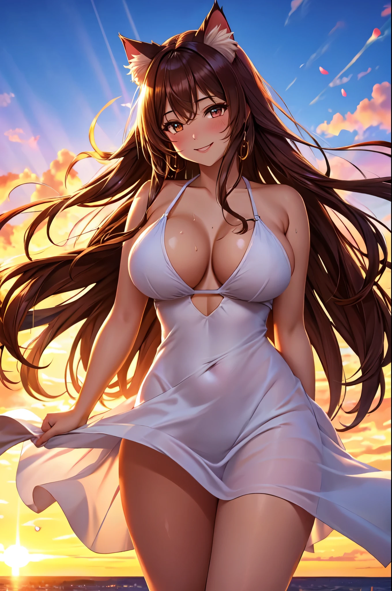 (High quality, High resolution, Fine details), cat ear woman, long hair flowing with the wind, soft and fluffy cat ears, breathtaking sunset in the background, vibrant colors painting the sky, subtle rays of sunlight, mesmerizing golden hour lighting, solo, curvy women, sparkling eyes, (Detailed eyes:1.2), smile, blush, Sweat, Oily skin, shallow depth of field