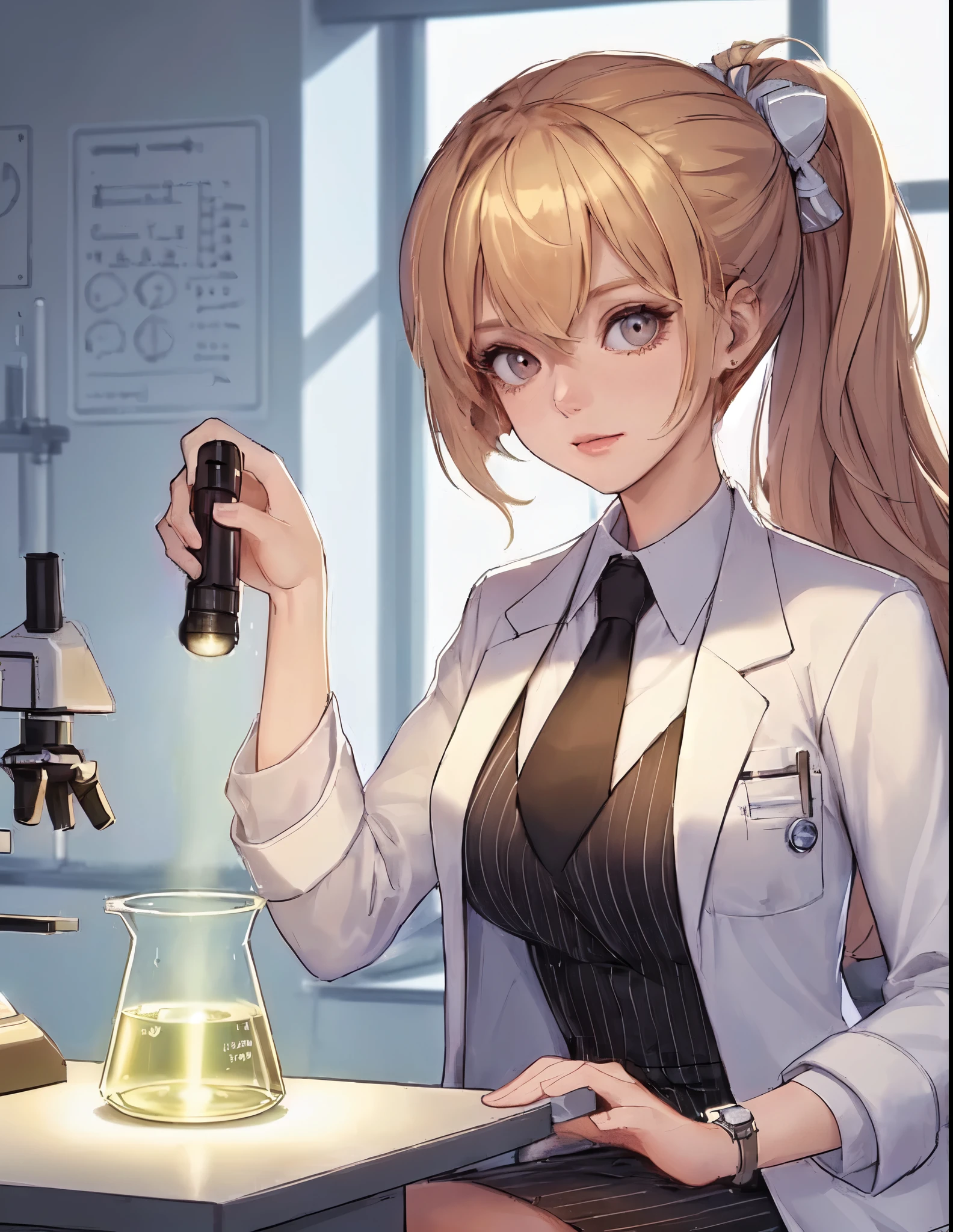 1lady solo, sitting (gazing at beaker), (holding compact flashlight) illuminating inside of beaker, scientist, (white lab coat) stylish outfit, mature female, /(beige blond hair/) bangs, (light smile:0.8) (eye filed with concentration), (masterpiece best quality:1.2) delicate illustration ultra-detailed, medium breasts BREAK ((beaker containing turbid solution:1.2) on desk), ((thick line of light:1.1) in beaker), (floating dust), (Tyndall effect) BREAK (modern laboratory filled with equipment) indoors, detailed background