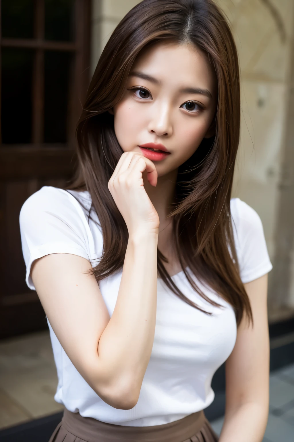 (masterpiece:1.5)、(Realistic:1.5)、(Highest quality:1.4、8K、RAW Photos)、 Ultra-high resolution、Professional Lighting、Perfect dynamic composition、Outdoor Shot、 Film Grain、chromatic aberration、(Bokeh:1.1)、 Frank、Sophisticated、charm、Surreal、High detail、Golden Ratio、 (1 Girl)、Slender girl、繊細でcharm女の子、Cute Woman:1.4、 Serious expression、Looking at the audience、Various poses、 Light brown hair、Shiny Hair、Hairstyle: ponytail、 Realistic looking skin、 shut up.、Beautiful Eyes、double eyelid、Thin arms、、 (Wearing a white ribbed turtleneck sweater dress:1.3)