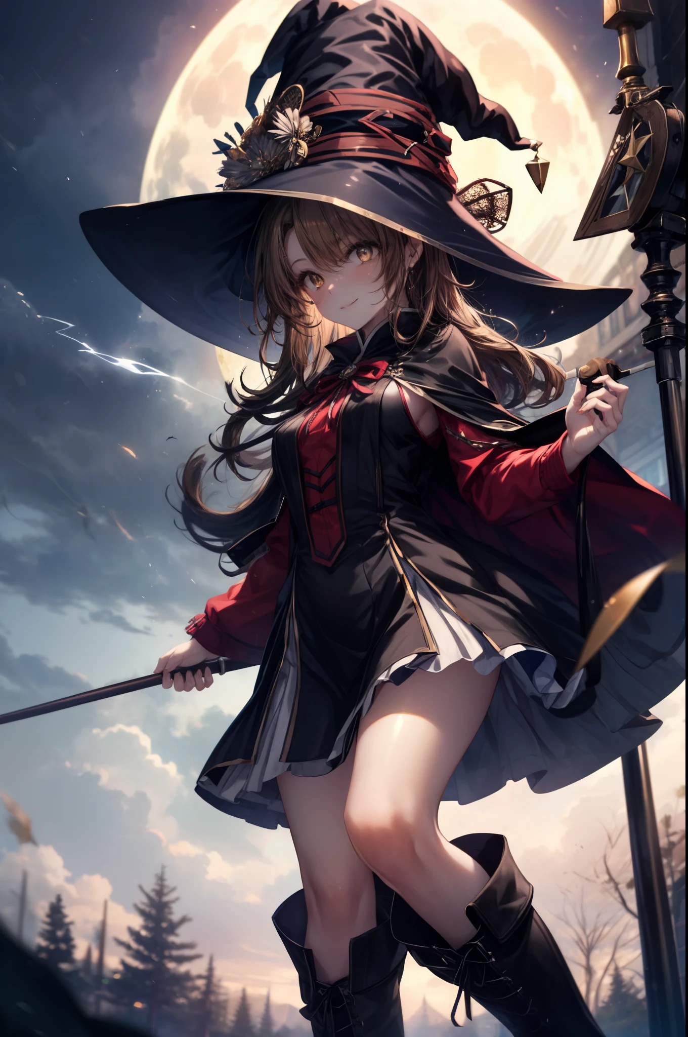 irohaisshiki, iroha isshiki, long hair, brown hair, (brown eyes:1.5), smile,witch hat,Witch Dress,long skirt,short boots,staff 1:1, holding staff 1:1, long magic wand 1:magic to have one(thunder)is putting out,ability(thunder,)
"Witch's Covenant": 月明かりに照らされたforestに集まったWitch's Covenantを示す暗くて雰囲気のある画像, Surrounded by swirling mist、Cast spells under the watchful eye of the shining full moon,
break outdoors, forest,
break looking at viewer, 
break (masterpiece:1.2), highest quality, High resolution, unity 8k wallpaper, (figure:0.8), (detailed and beautiful eyes:1.6), highly detailed face, perfect lighting, Very detailed CG, (perfect hands, perfect anatomy),