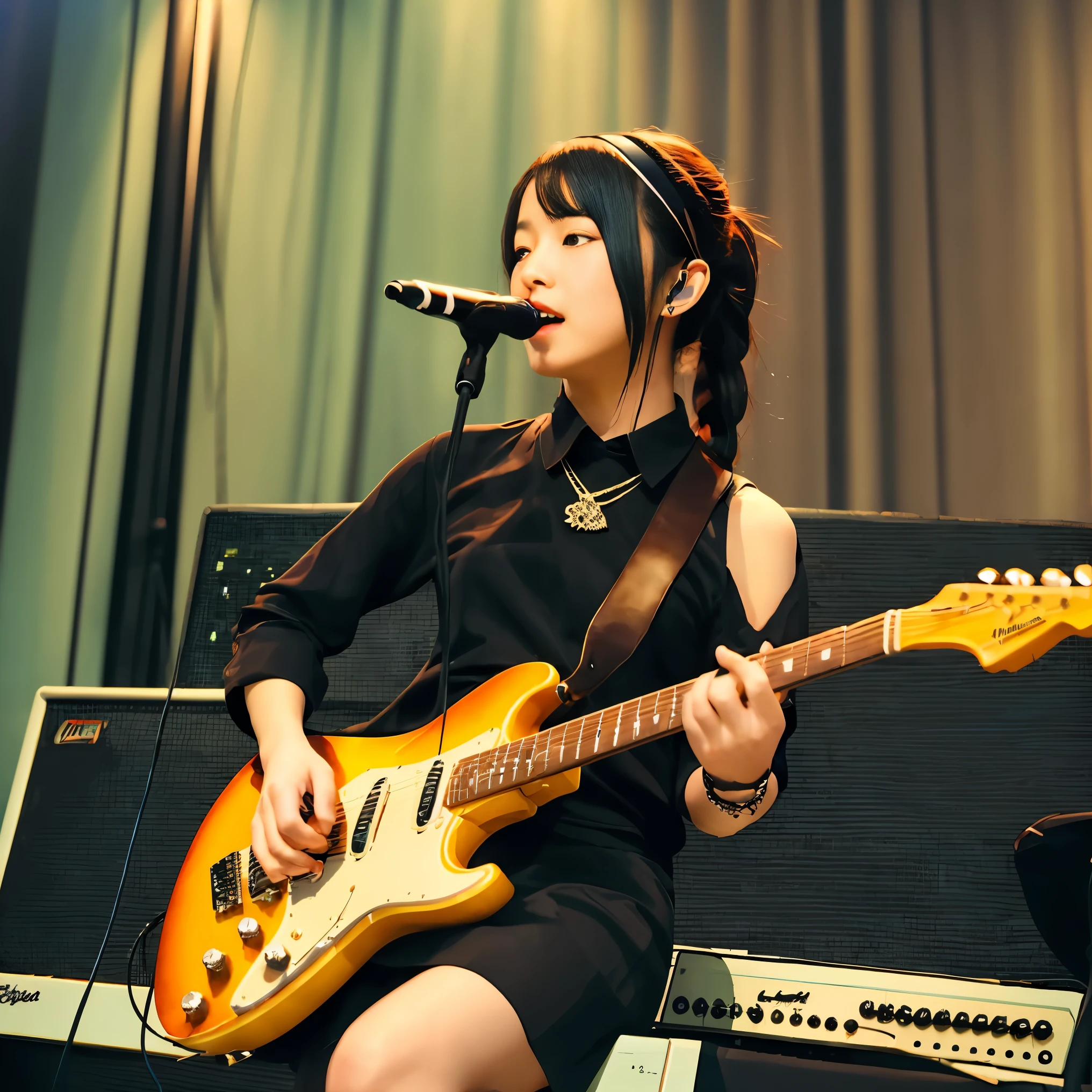 ((masterpiece, highest quality))1 girl, alone, black dress, blue eyes, electric guitar, guitar, headphones, double ponytail, holding, holding plectrum, musical instrument, long hair, music, one side up, teal hair, twin tails, guitarを弾く, pleated skirt, black shirt, interior