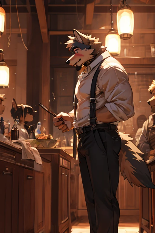wolf, big muscular, shirt, 1boy, white shirt, upper body, male focus, collared shirt, pants, look to down me, suspenders, pectoral muscles, sleeves rolled up, watch, watch, wolf ears, beard, blush, sweat black and white stripes, collar dog, sweating, happy face, handsome, view looking up from directly below, stand up, wounds, bloods