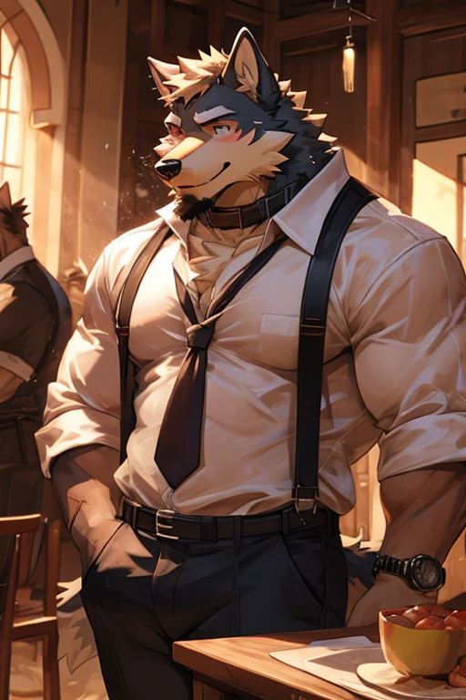 wolf, big muscular, shirt, 1boy, white shirt, upper body, male focus, collared shirt, pants, look to down me, suspenders, pectoral muscles, sleeves rolled up, watch, watch, wolf ears, beard, blush, sweat black and white stripes, collar dog, sweating, happy face, handsome, view looking up from directly below, stand up, wounds, bloods