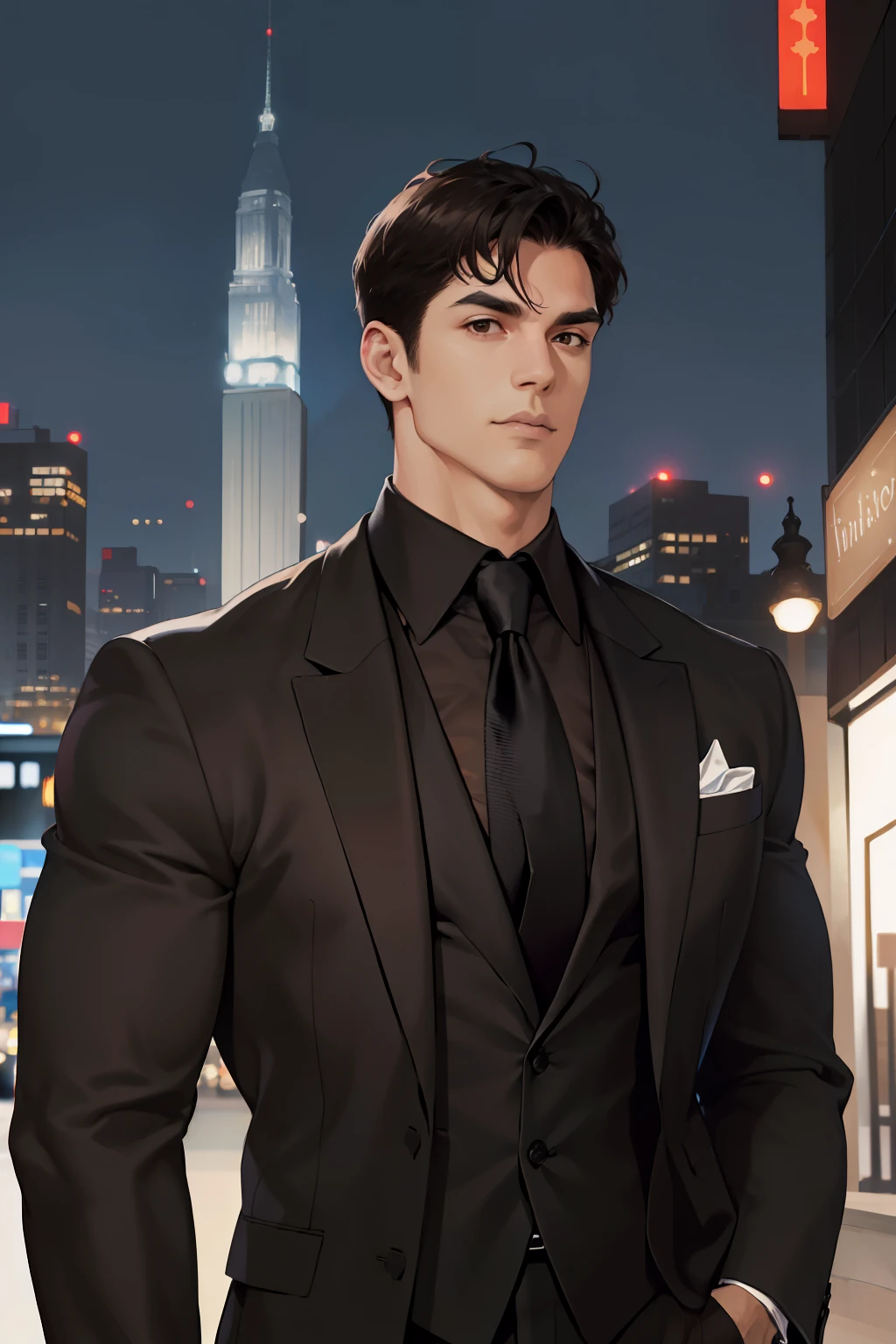 (absurdres, highres, ultra detailed, realistic, ), 1 male, solo, adult, mature, tall muscular guy, broad shoulders, handsome, very short hair, black hair, brown eyes, angular jaw, thick neck, thick eyebrows, night, dark, the night view of the city background, formal suit, necktie, upper body