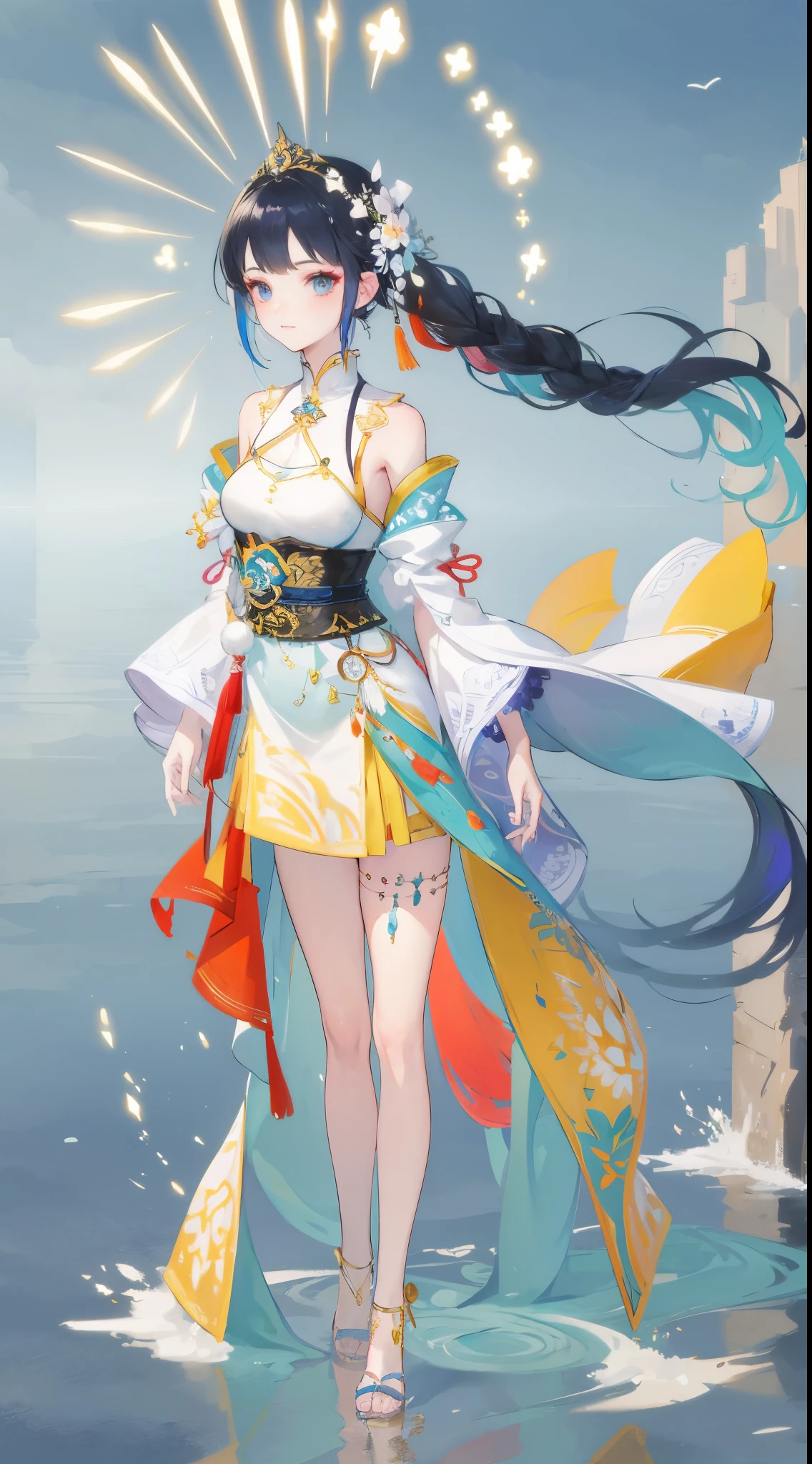 1 girl, masterpiece, Very detailed, ((Light)), (發Light), ((dramatic Lighting)), ((Beautiful and detailed Light)), Full body painting，intricate details, 镜头Light晕, Colorful hair, rainbow hair, long hair, colorful clothes, Gorgeous metallic hair accessories, (Light particles), faint smile, green eyes, temple, spotLight, dark background, Floating hair, Floating hair, looking at the audience,((colorful))，clear facial features，beautiful eyes，masterpiece