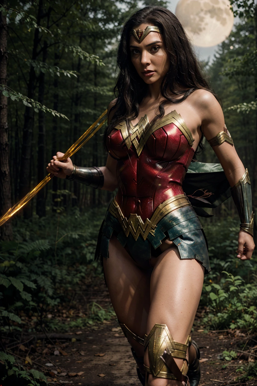 Wonder Woman surrounded by a horde of zombies, fighting them off with her superhuman strength and agility. The scene is set in a dark and foggy forest, with a bright moon shining overhead. Wonder Woman is in a dynamic pose, using her lasso to entangle zombies and her bracelets to deflect their attacks. The color scheme is bright and vibrant, with Wonder Woman's red and gold costume contrasting with the dark green of the forest. The image is rendered in a hyper-realistic style, with every detail of Wonder Woman's costume and the zombies' bodies rendered in stunning clarity.

