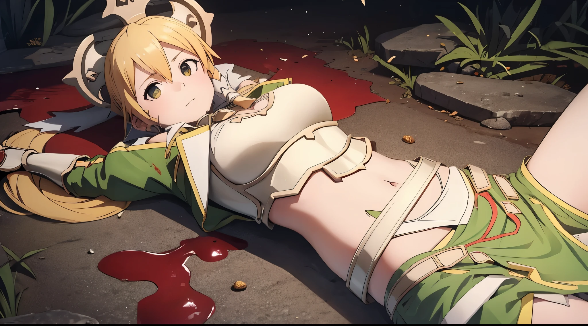 girl, massacre, belly button, big breasts, Queen, massacre, Blood on the body, Blood on the armor, Blood on the belly button, Blood on the stomach, Blood on the breasts, shot from below