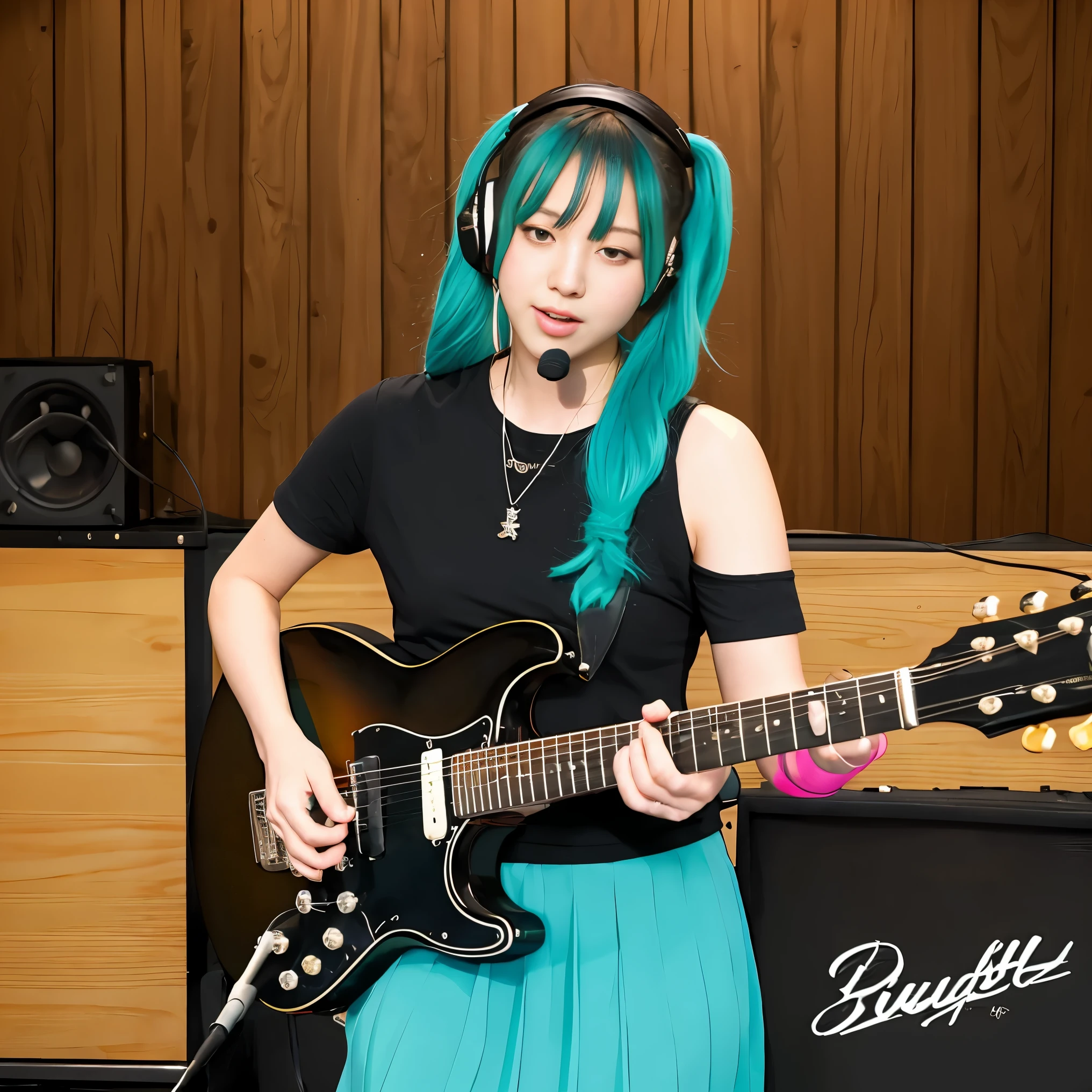 ((masterpiece, highest quality))1 girl, alone, black dress, blue eyes, electric guitar, guitar, headphones, double ponytail, holding, holding plectrum, musical instrument, long hair, music, one side up, teal hair, twin tails, guitarを弾く, pleated skirt, black shirt, interior