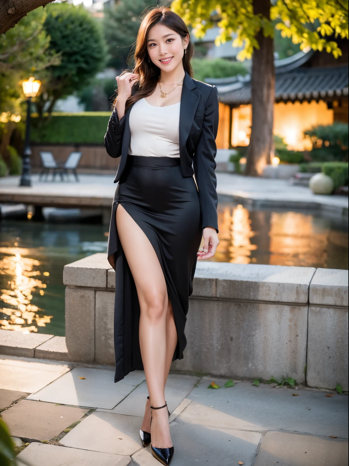 (RAW photo:1.2), (realistic:1.4),beautiful detailed woman,非常にfine eyesと顔, fine eyes, Super detailed,High resolution, very detailed,highest quality,enlightenment,unified,8k wallpaper,masterpiece,highest quality,1 female,alone,rich,Full body Esbian,Slightly chubby body type,Toned figure,There'leg meat,slim waist,alone,black business suit,temperament tight skirt,high heels,jewelry necklace,coiled hair,gentle smile,dignified atmosphere,black eye,realistic,Suzhou Garden