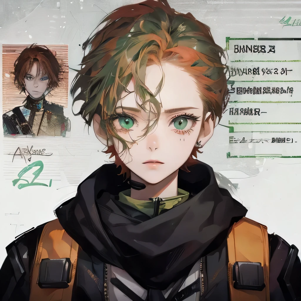 create an open identity passport in a dystopian apocalyptic era of a beautiful red haired anime style 22 years old girl wearing black and brown dystopian survivor clothes, American, she has green eyes.