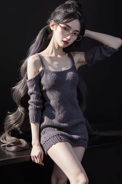 Detailed,8K, detailed shadow, Black background, Cute Girl, pale skin, , Narrow waist, flat chest, Small breasts, Purple eyes, embarrassed, Gray hair, absurdly long hair, Wavy Hair, Ponytail, (Knitted mini dress that kills virgins:1.3), eye glasses,