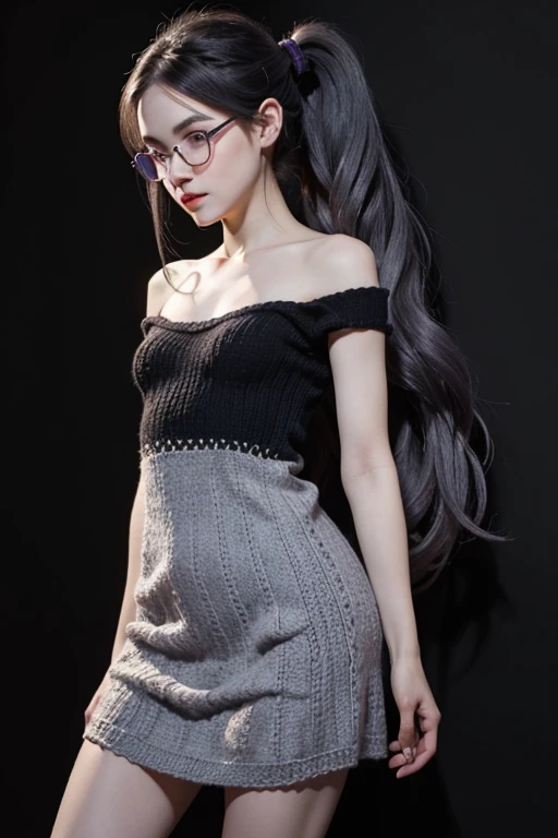 Detailed,8K, detailed shadow, Black background, Cute Girl, pale skin, , Narrow waist, flat chest, Small breasts, Purple eyes, embarrassed, Gray hair, absurdly long hair, Wavy Hair, Ponytail, (Knitted mini dress that kills virgins:1.3), eye glasses,