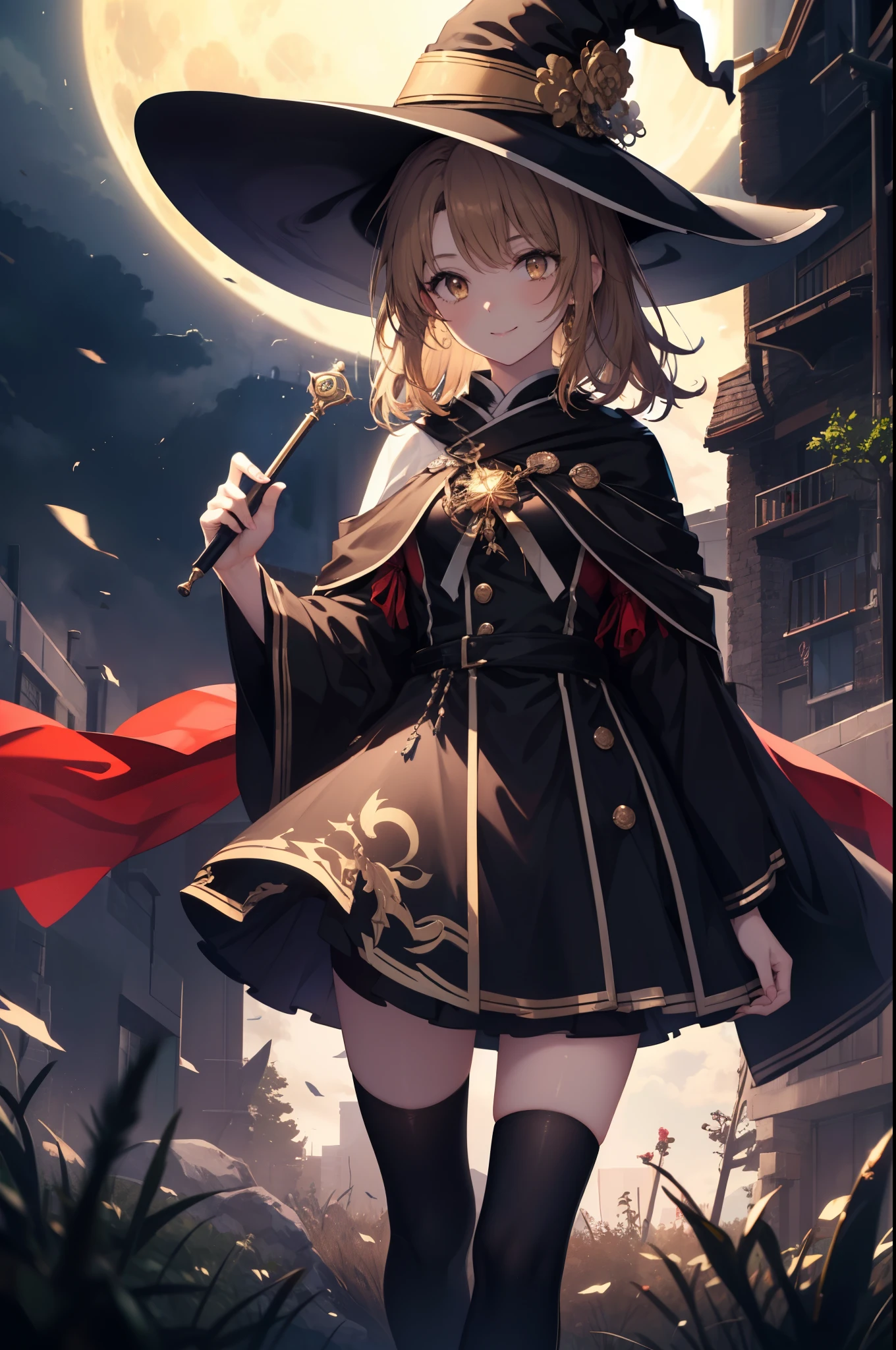 irohaisshiki, iroha isshiki, long hair, brown hair, (brown eyes:1.5), smile,witch hat,Witch Dress,long skirt,short boots,staff 1:1, holding staff 1:1, long magic wand 1:magic to have one(thunder)is putting out,ability(thunder,)
"Witch's Covenant": 月明かりに照らされたforestに集まったWitch's Covenantを示す暗くて雰囲気のある画像, Surrounded by swirling mist、Cast spells under the watchful eye of the shining full moon,
break outdoors, forest,
break looking at viewer, 
break (masterpiece:1.2), highest quality, High resolution, unity 8k wallpaper, (figure:0.8), (detailed and beautiful eyes:1.6), highly detailed face, perfect lighting, Very detailed CG, (perfect hands, perfect anatomy),