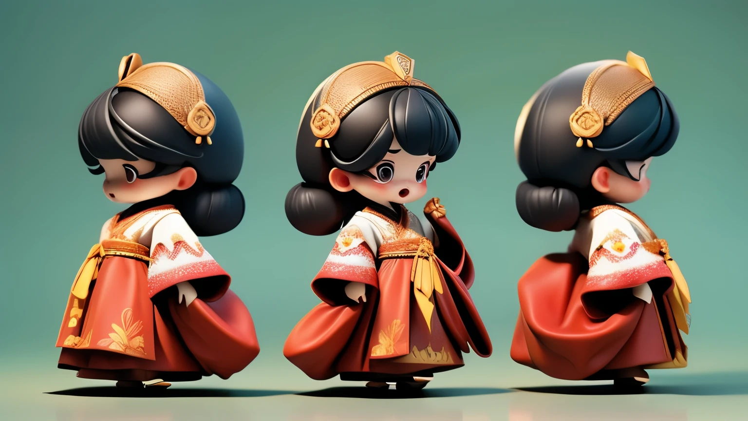 (Best quality, 4k, 8k, highres, masterpiece: 1.2), super detailed, (lifelike, photo-realistic, photo-realistic: 1.37), three views, three heads, China traditional paper-cutting art, beautiful and vivid, lovely mascot dolls, Zhuang traditional costumes, Guangxi March 3rd Festival, cultural festival, cheerful atmosphere, holiday decoration, Dong traditional inspiration. Game characters, character settings, game characters, cartoons, toys, game art, CG illustration, digital art, three views, dark blue costumes.No Korean clothes
