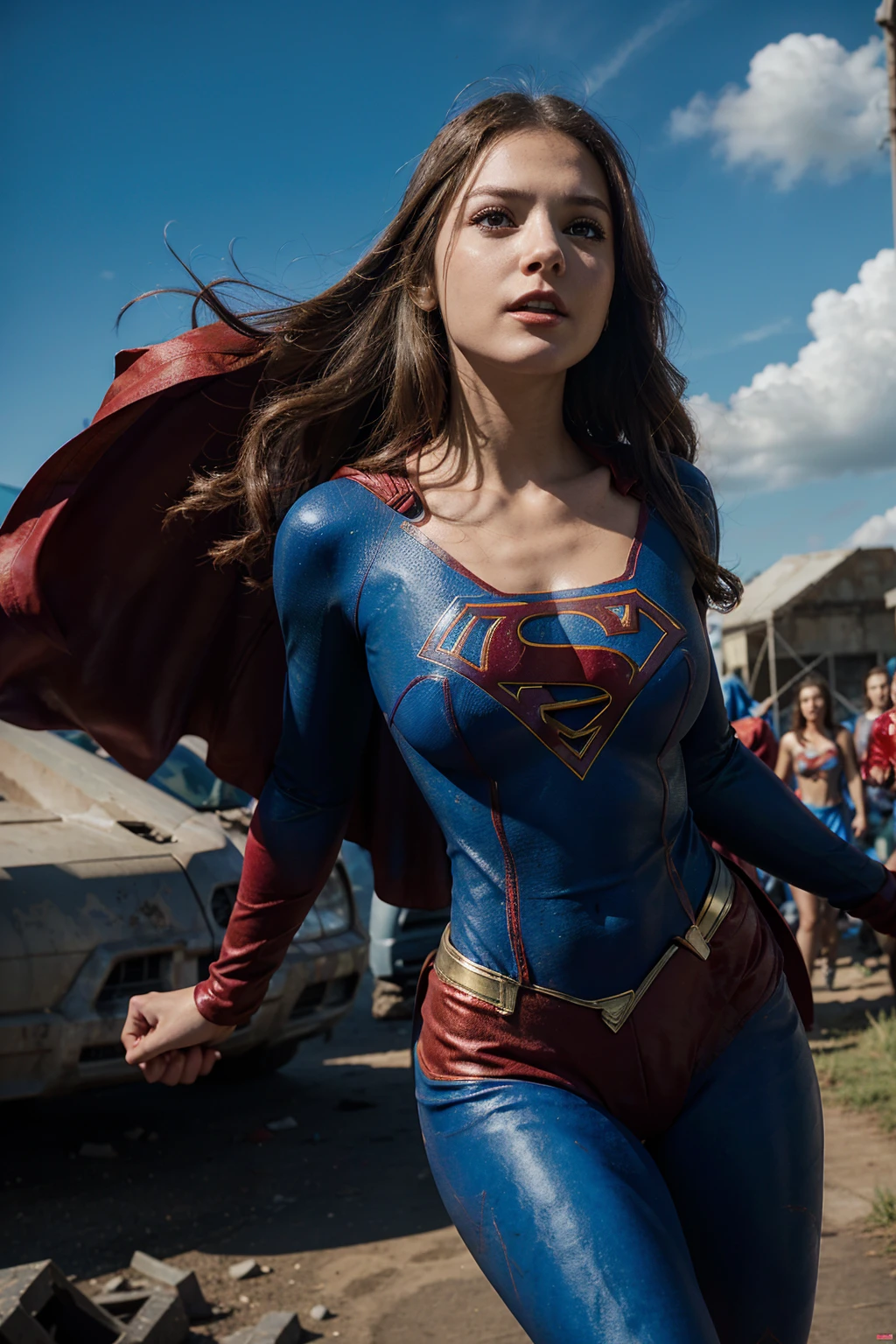 Supergirl flying through the air, surrounded by a horde of zombies. The scene is set in a bright and sunny sky, with a few clouds in the background. Supergirl is in a dynamic pose, her eyes glowing with heat vision as she blasts the zombies away. The color scheme is bright and vibrant, with Supergirl's blue and red costume contrasting with the white clouds. The image is rendered in a hyper-realistic style, with every detail of Supergirl's costume and the zombies' bodies rendered in stunning clarity.

